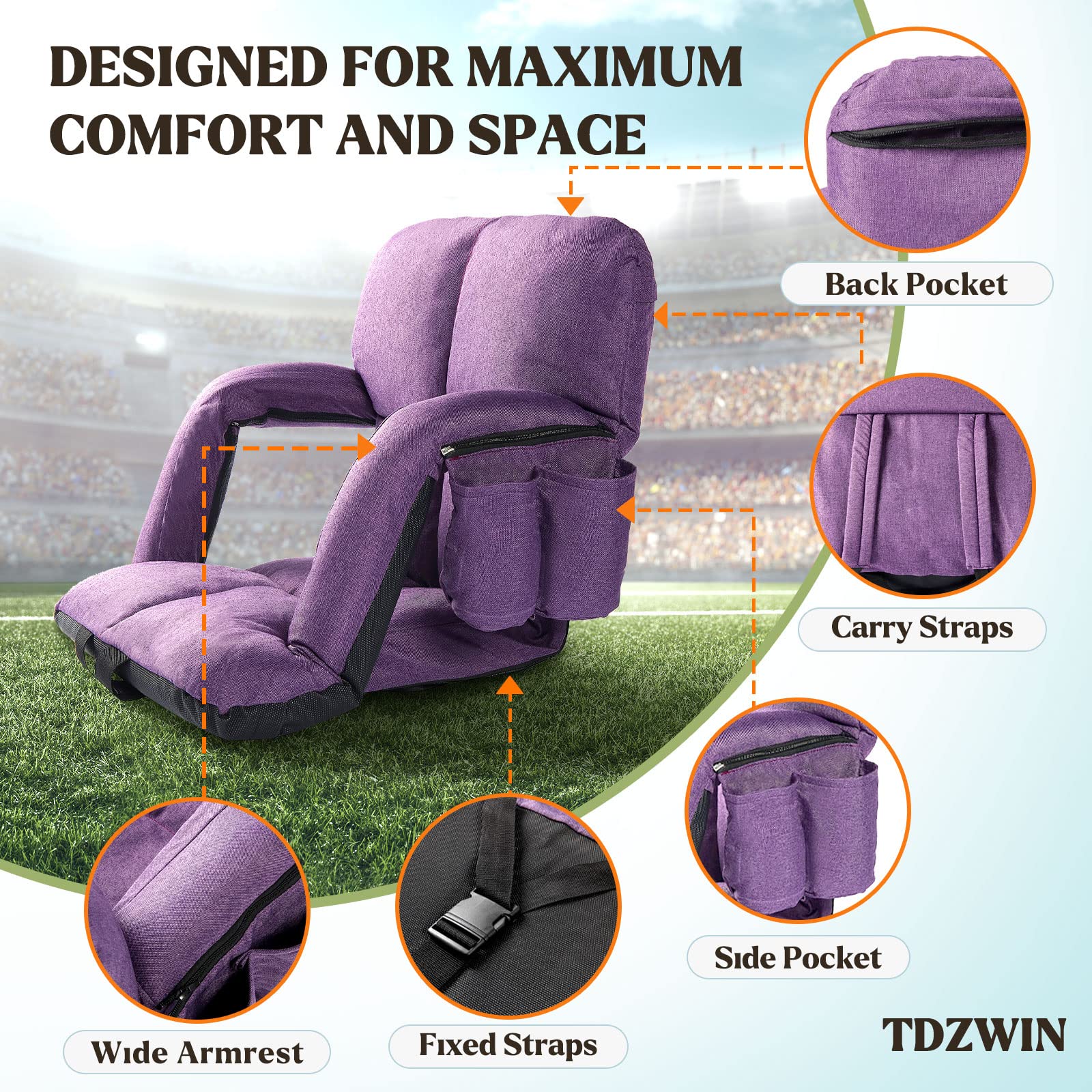 TDZWIN Wide Stadium Seats for Bleachers with Back Support, Extra Thick Plus Size Bleacher Seats with Backs and Cushion Wide, 6 Reclining Positions Bleacher Chairs for Outdoor Indoor 2 Pack (Purple)