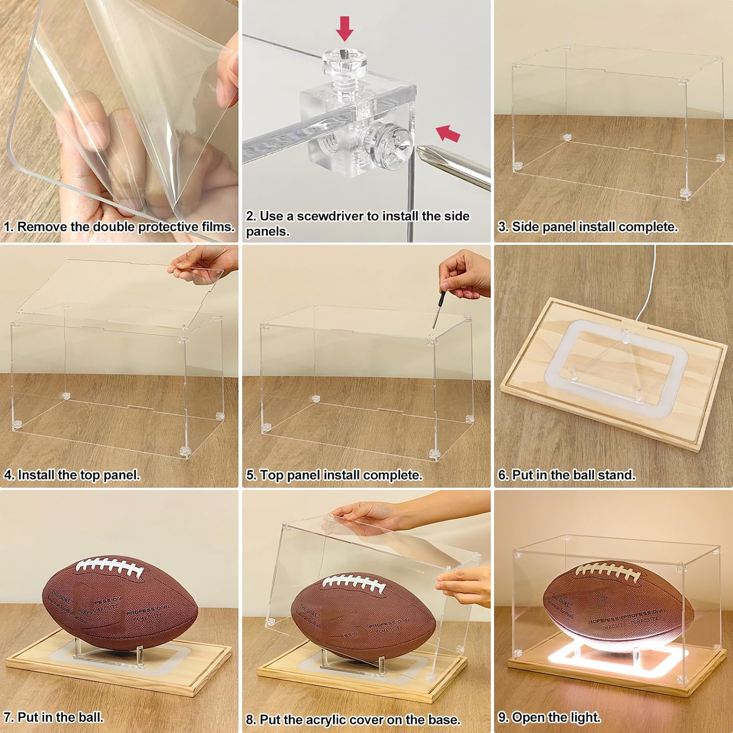 NONEMEY Football Display Case with Light, UV Protected Acrylic Football Box Full Size with Wood Base, Football Display for Autographed Ball Memorabilia Football Gifts