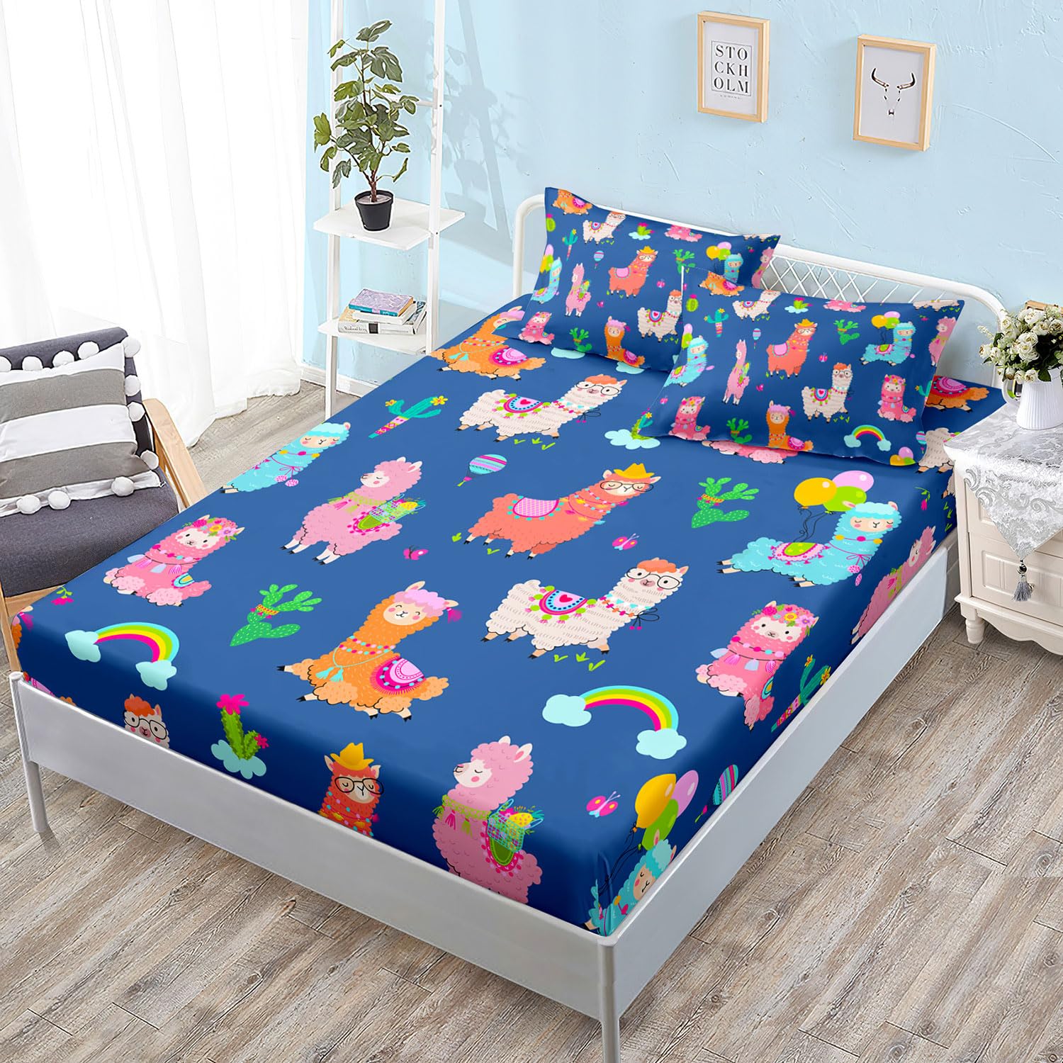 HOSIMA Kids Cute Llama Fitted Sheet,Cartoon Rainbow Alpaca Twin Fitted Sheet Animal Bedding Sets for Children Room Decor,Navy Blue Fitted Sheet 15