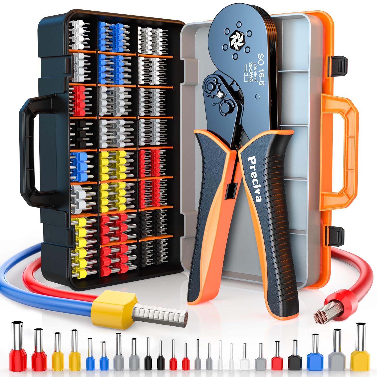 Preciva Kit di crimpatura con ghiera, crimpatrice a cricchetto autoregolabile per ghiere AWG 28-5, include 1275 connettori esagonali a filo doppio e singolo