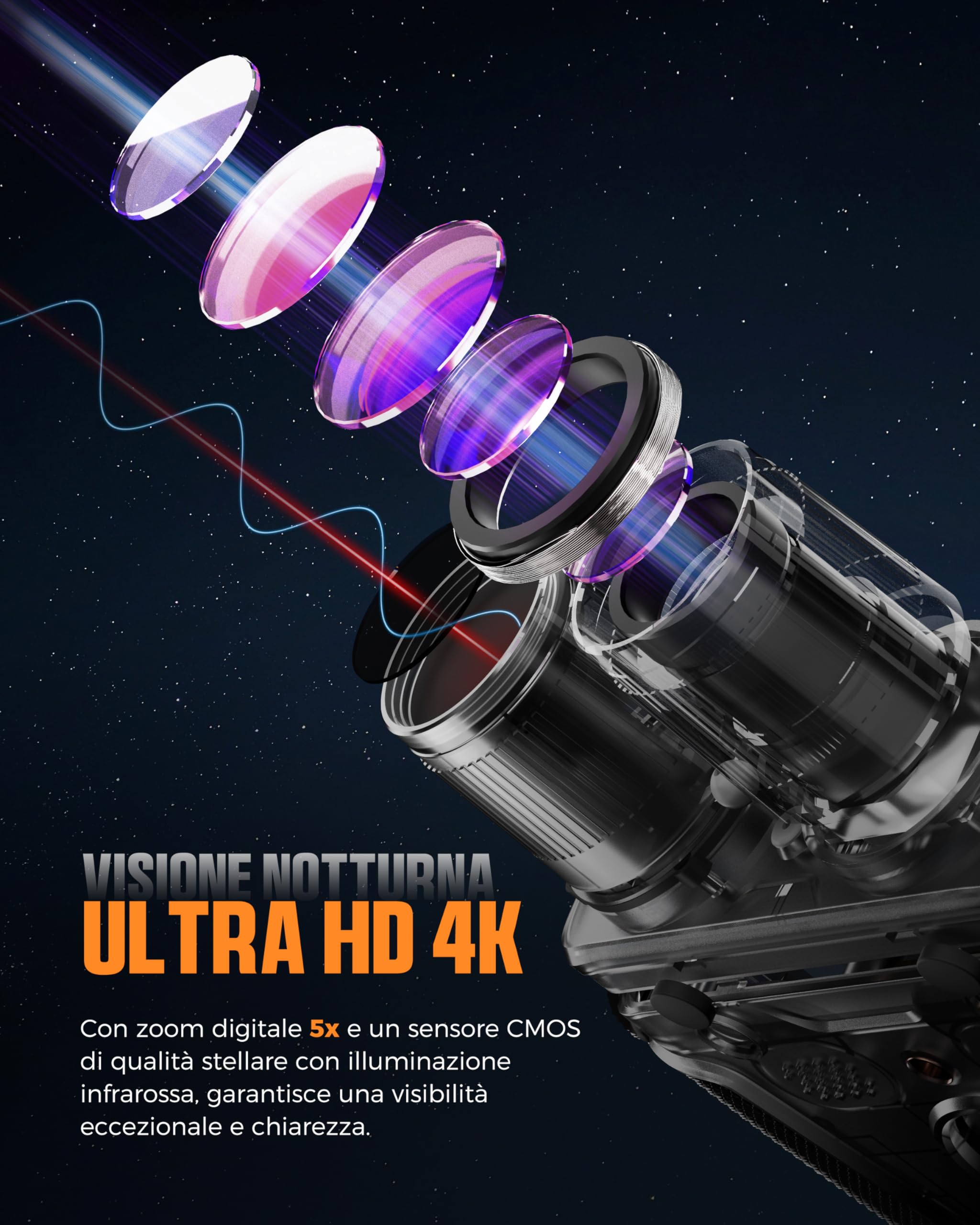 Visore Notturno, CIGMAN 4K Binocolo Visore Notturno con Portata di 1490FT/600M, 58MP HD Visione Notturna Ricaricabile con Zoom Digital 5X, con Torcia Elettrica, per la Caccia, Birdwatching, Campeggio