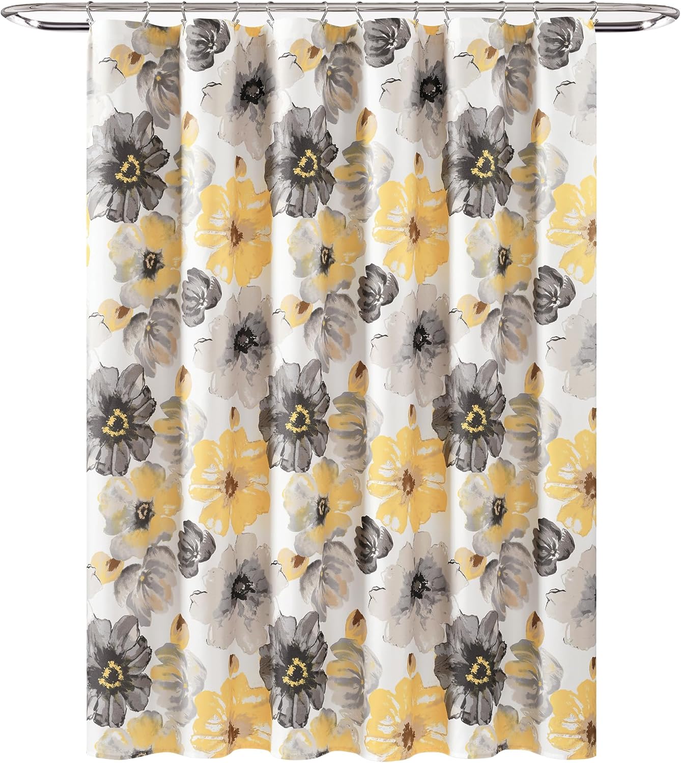 Lush Decor Leah Floral Shower Curtain, 72" W x 78" L, Yellow & Gray - Fabric Shower Curtains - Watercolor Botanical Bathroom Curtain - Farmhouse & French Country Decor