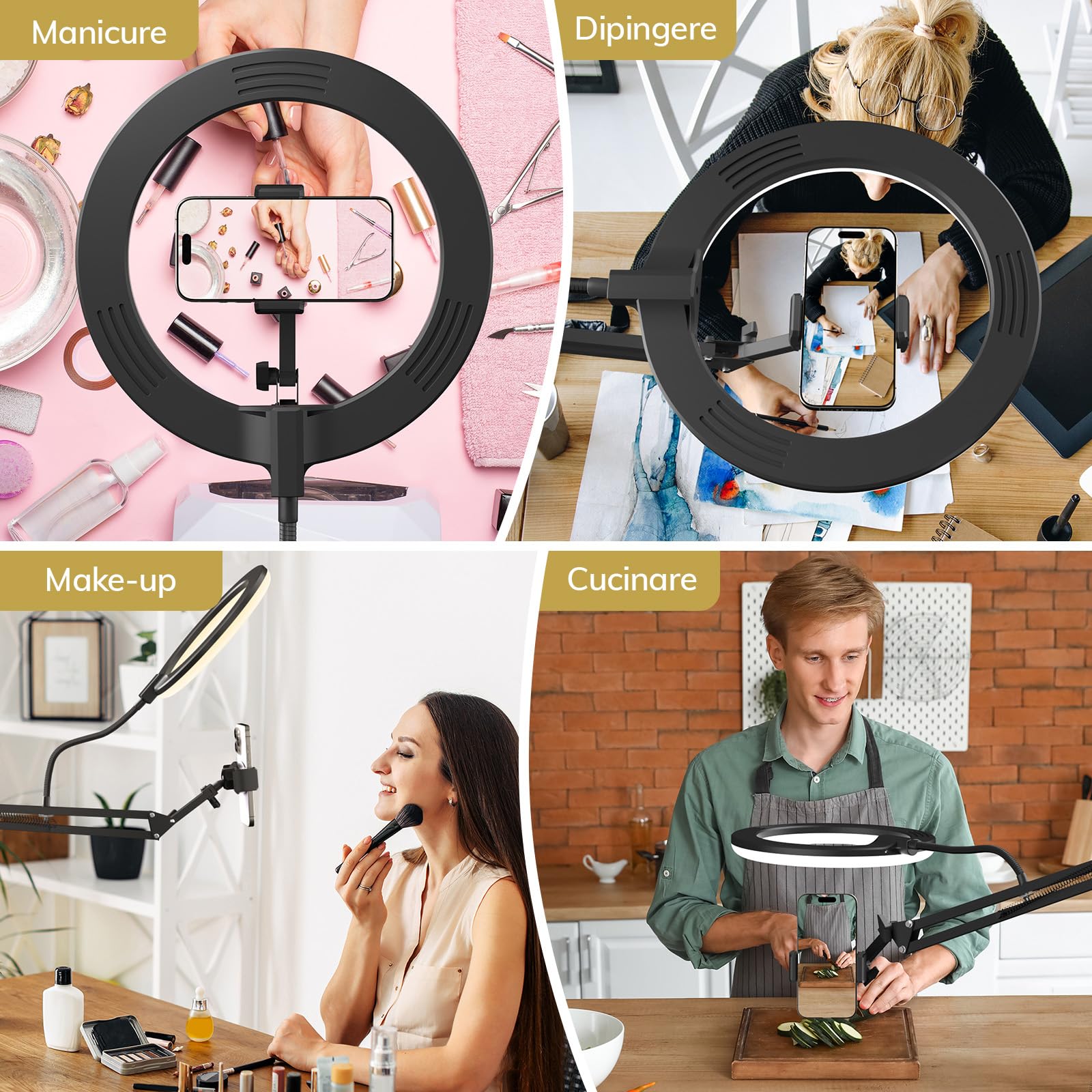 Kit luce anulare TONOR, luce anulare da 10" con braccio Heayy Duty e supporto per telefono, angolo regolabile, adatta per registrazione video, streaming live, disegno, trucco per unghie
