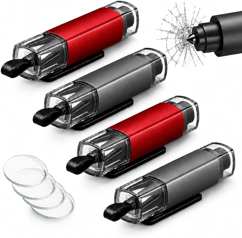 Car Window Breaker 4 Pack, 2-in-1 Emergency Escape Tool, Seat Belt Cutter | Spring-loaded escape tool for cars, SUVs & trucks, ideal for accidents, submerged vehicles and emergencies