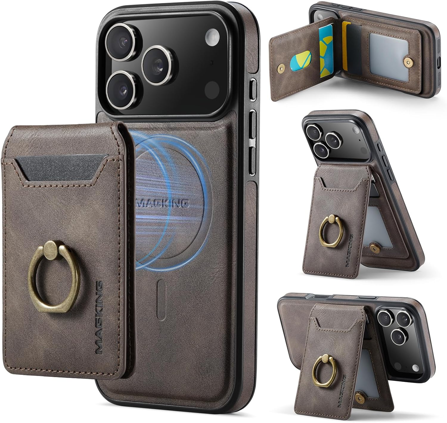 SZHAIYU 2 in 1 Detachable Magnetic Phone Cases Compatible with iPhone 17 Pro Max Case with Card Holder Ring, Compatible with Magsafe Wallet, Leather 6.9'' RFID Blocking (Coffee, iPhone 17 Pro Max)