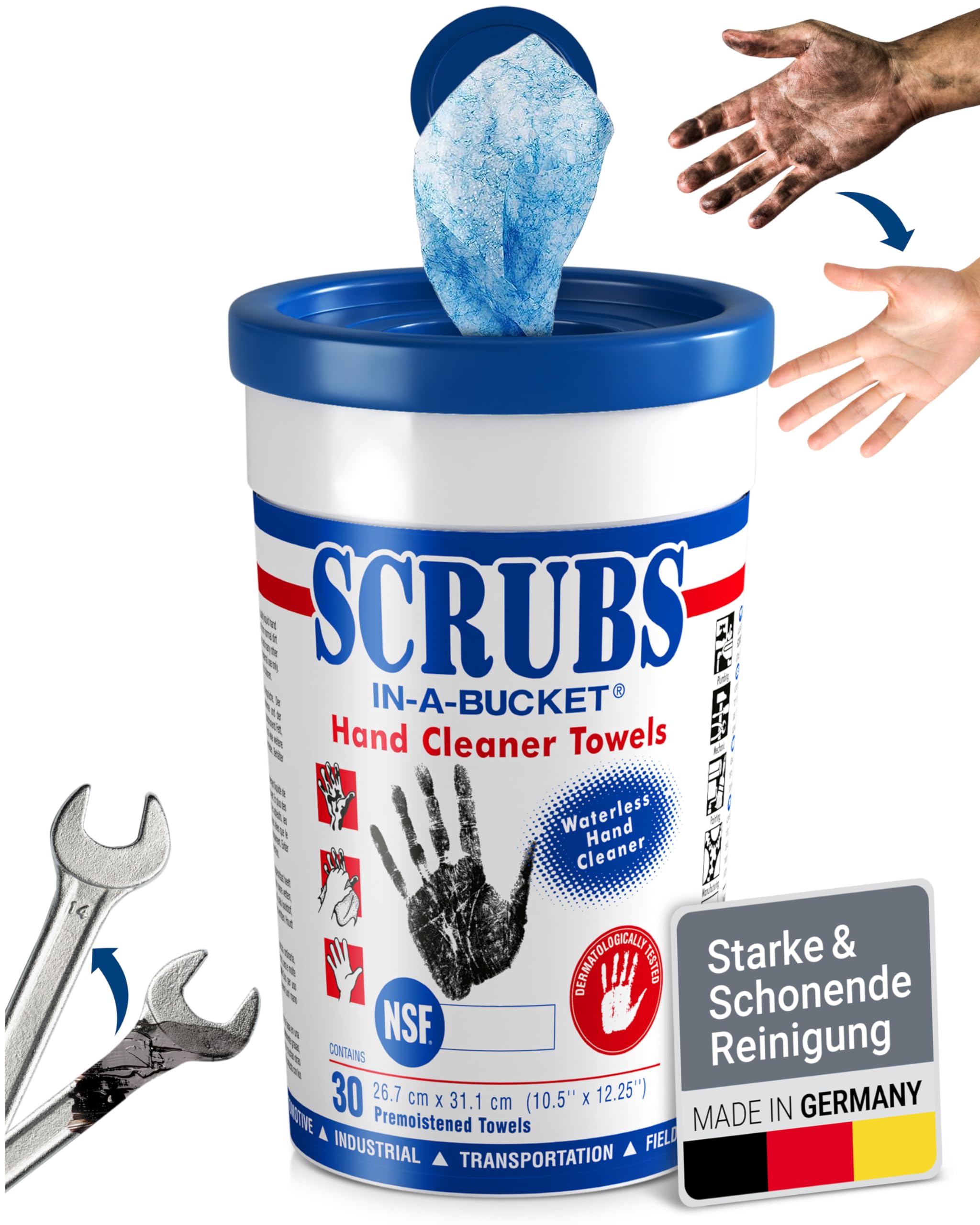 SCRUBS in a Bucket - 30 Salviette per la pulizia delle mani - Detergente per le mani con approvazione NSF - la pulizia perfetta delle mani - Utilizzabile ovunque e ideale per viaggiare