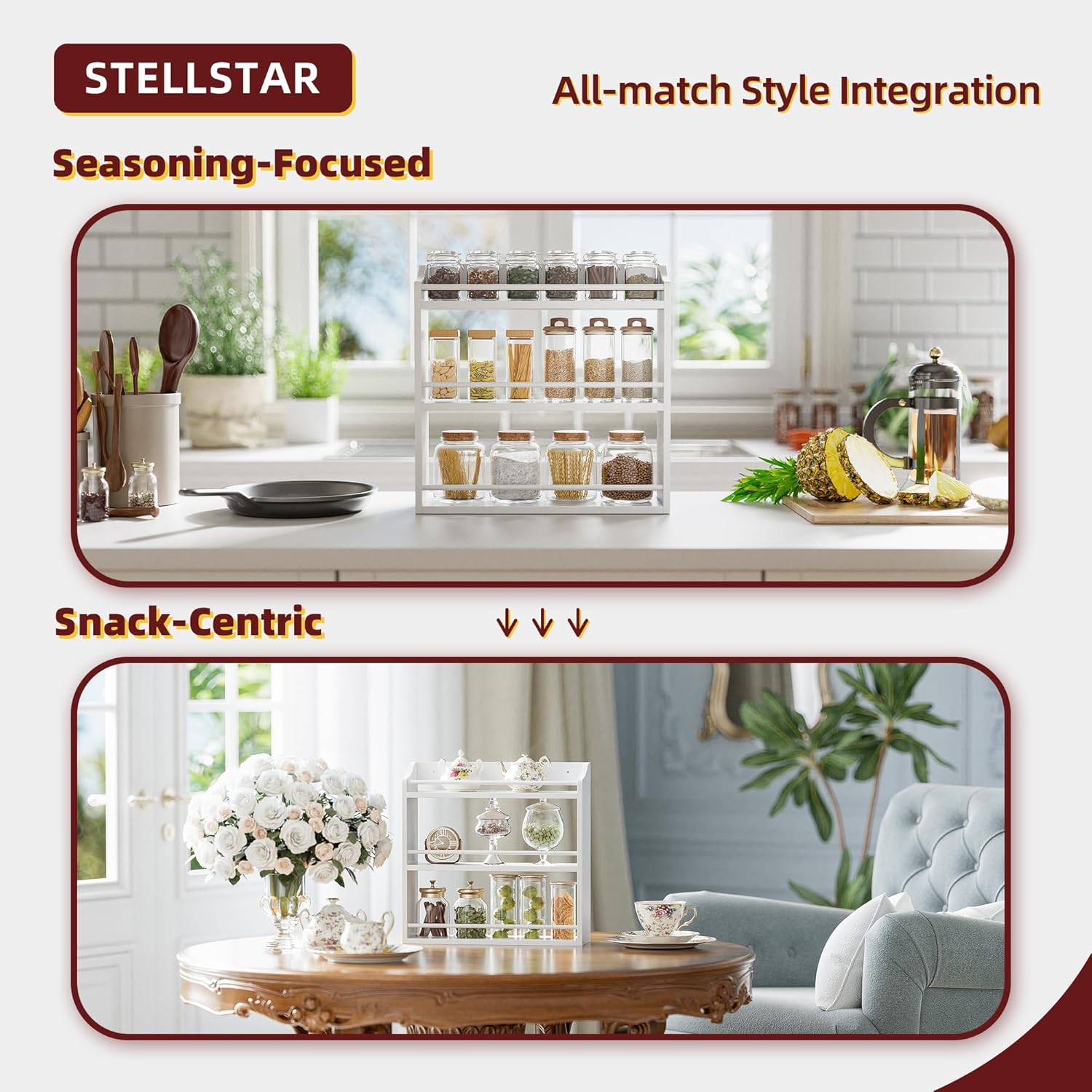 Spice Rack Wall Mounted, Freestanding Spice Organizer for Countertop, Bamboo Spice Storage Holder, for Kitchen Cupboard, Pantry, Bathroom (White)