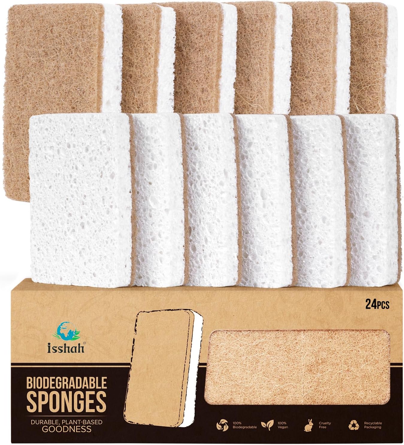Plant-Based Kitchen Sponges – Natural, Eco-Friendly, Biodegradable Sisal Hemp Sponges for Dishes, Cleaning Sponge for Kitchen, Bathroom, Household – 24 Count