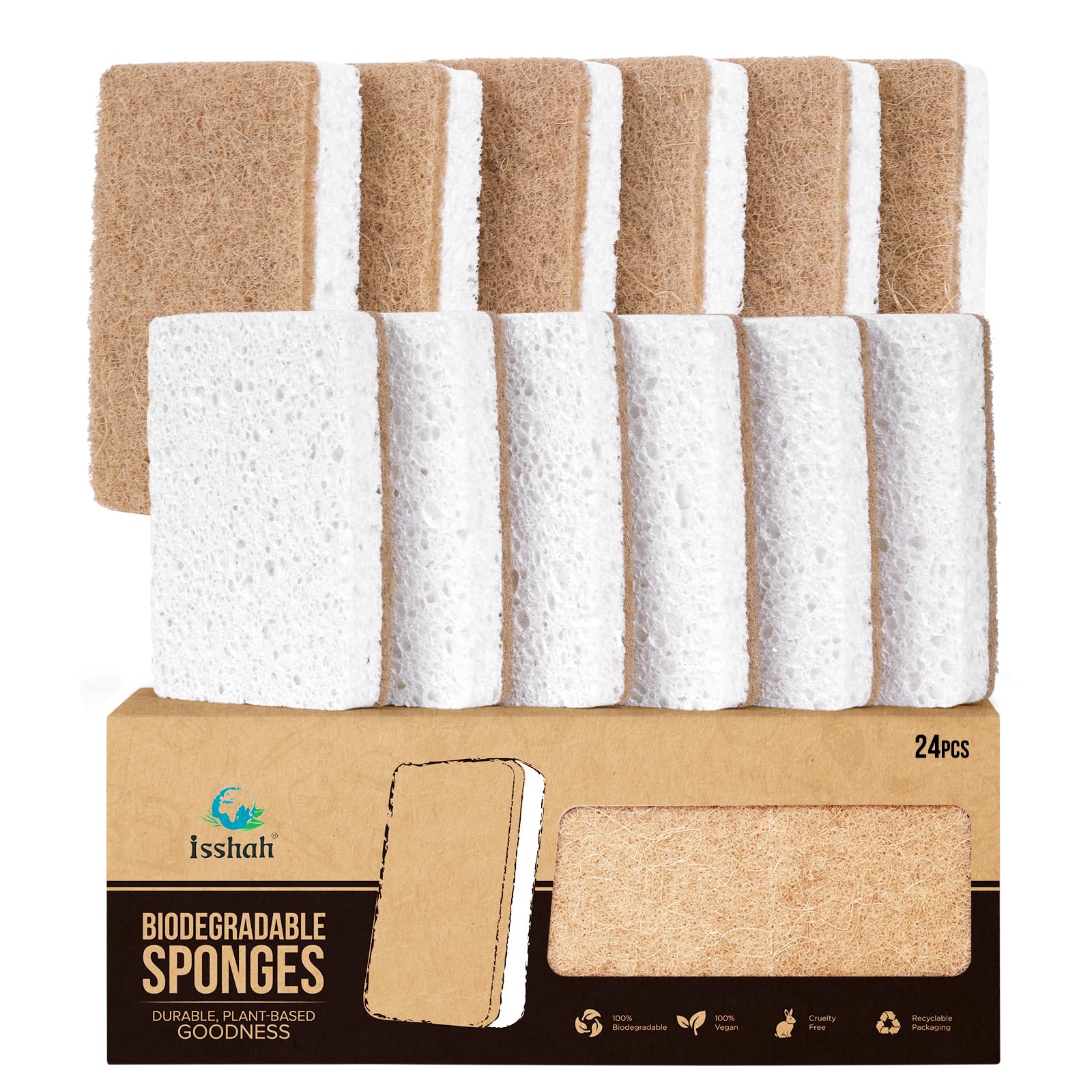 Plant-Based Kitchen Sponges - Natural, Eco-Friendly, Biodegradable Sisal Hemp Sponges for Dishes, Cleaning Sponge for Kitchen, Bathroom, Household - 24 Count