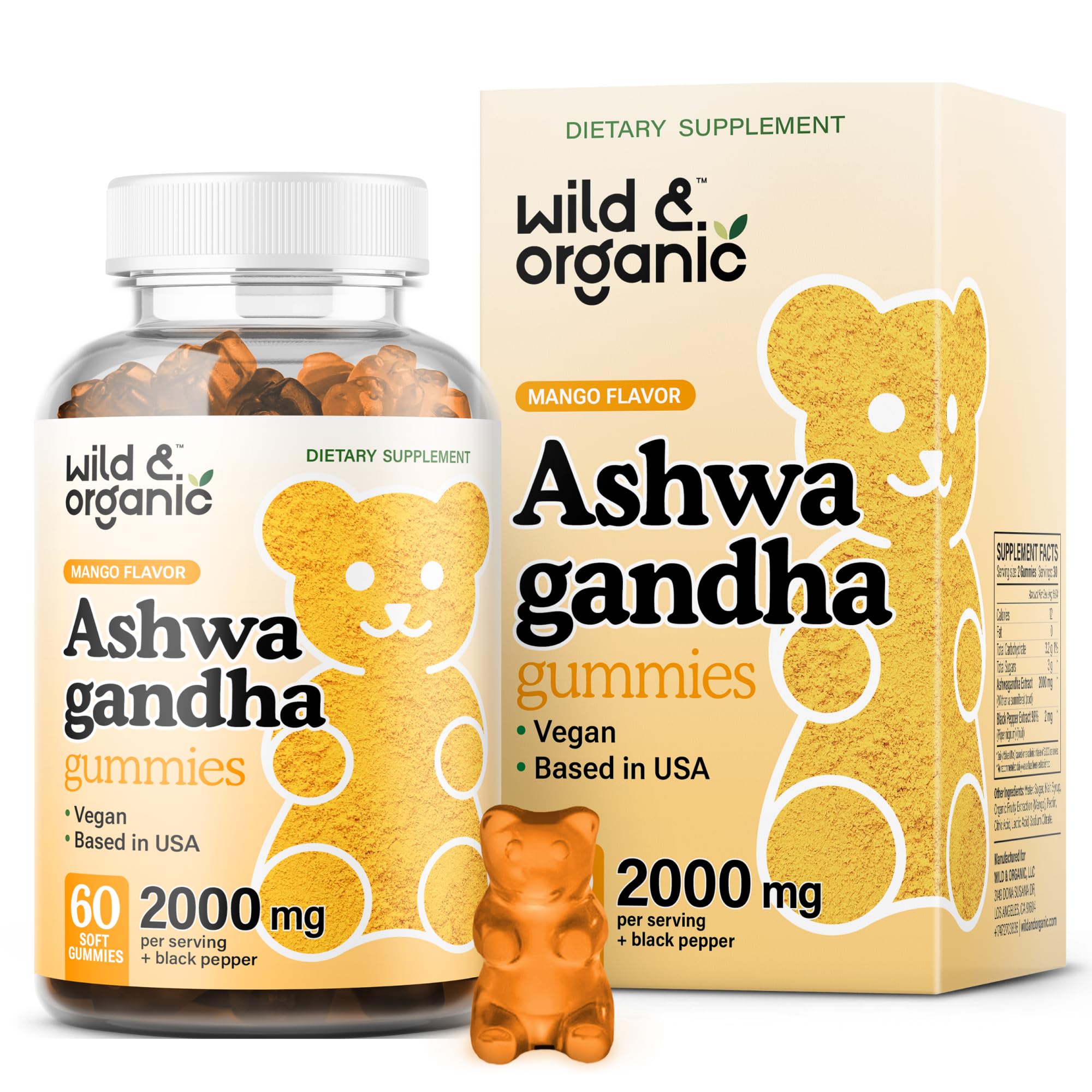 Wild & Organic Ashwagandha Gummies 2000mg - Mood Support Supplement w/Ashwagandha Root Extra Strength - Natural Calm Supplements Gummies - 60 Vegan, Non-GMO Chews