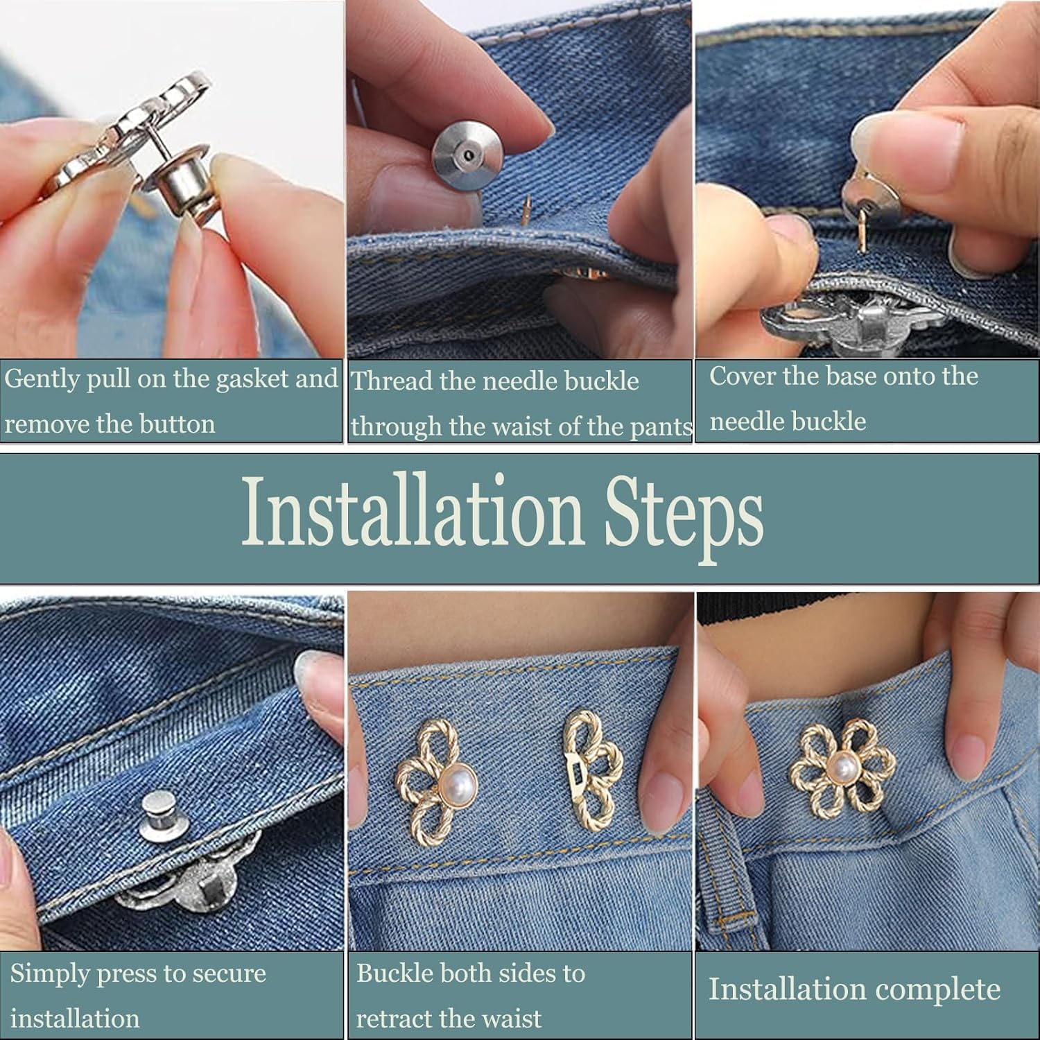 XELYTON Silver Metal Waist Tightener, Adjustable Waist Button Set, Extra Button for Jeans, Pack of 2 4