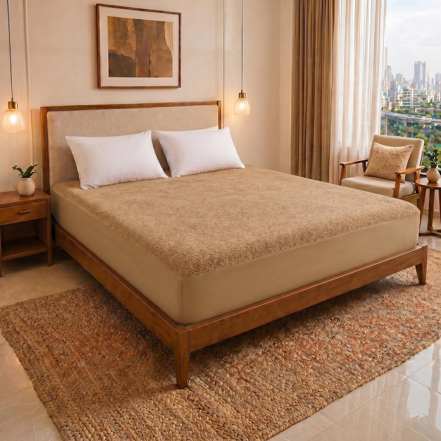 Cotton Feel Terry 72x72 inch Ultra Soft Waterproof Mattress Protector King Size | Breathable Hypoallergenic Mattresses Cover for King Size Bed (Beige)-image-24