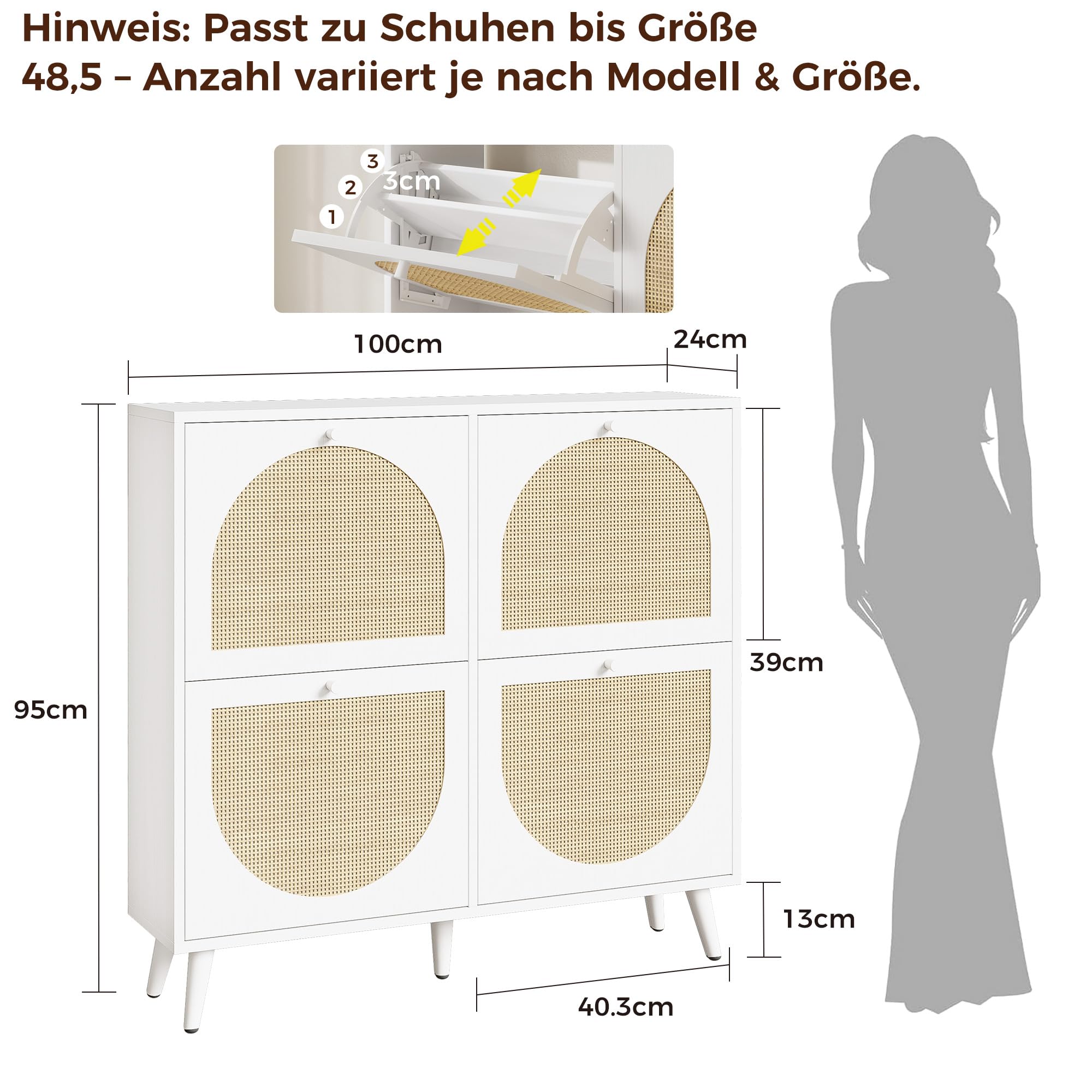 IRONCK Schuhschrank Rattan, schmal Schuhkipper mit 4 Klappen, Weiß | freistehende Schuhregal, Schuhkommode mit verstellbaren Trennwände Schuhablage Schrank für Flur Eingang, 100x24x95cm
