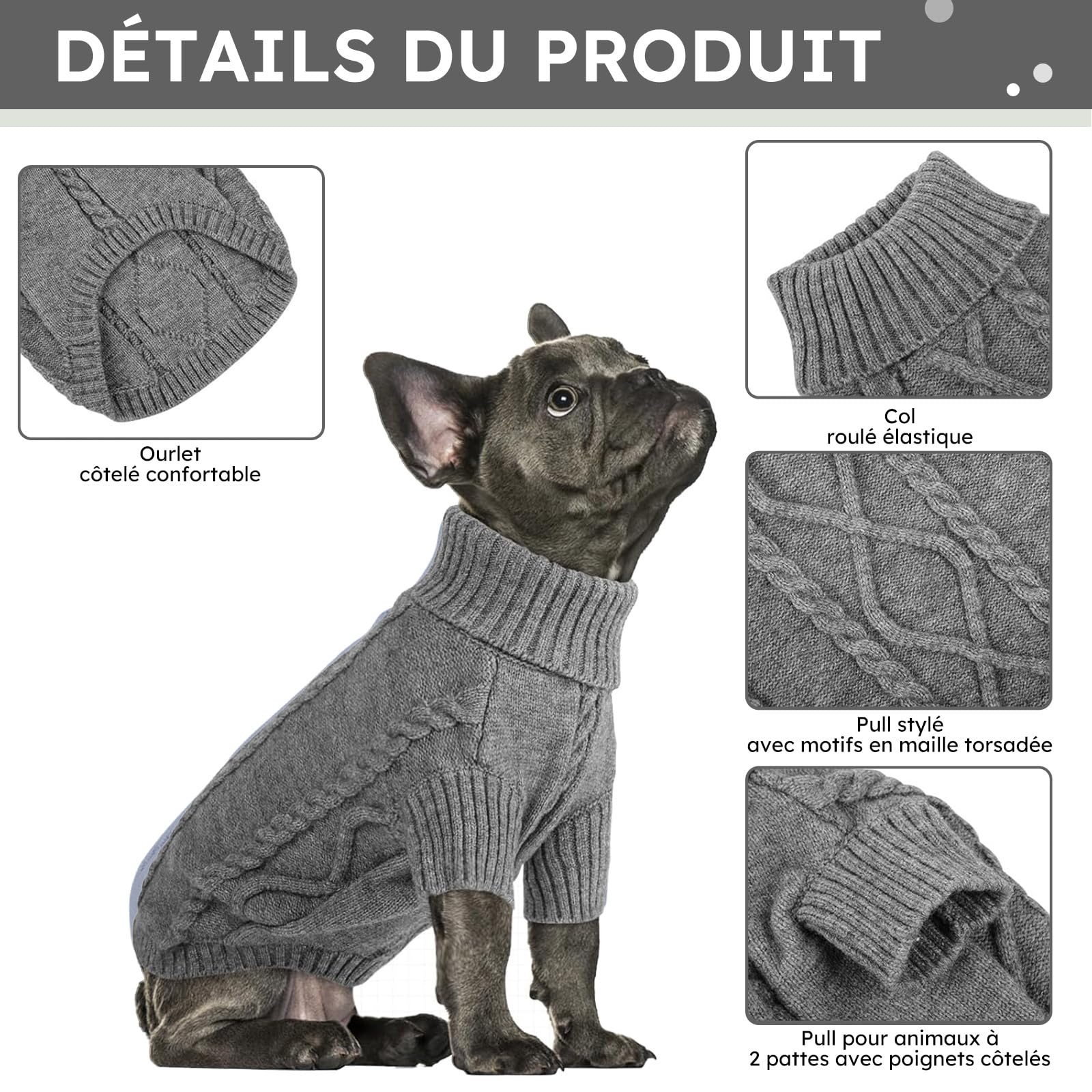 Queenmore Pull Chien Grande Taille Bouledogue Français Chaud Pull-Overs pour Chiens Pull Chihuahua Manteau Teckel Vetement pour Chien Chat d'hiver, Gris foncé, L