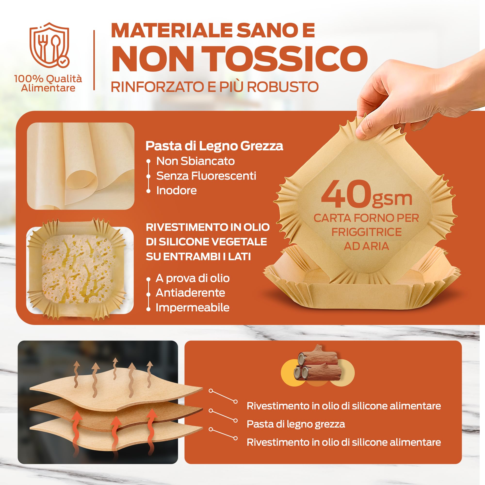 PORTENTUM Carta forno per friggitrice ad aria, 100 unità quadrate 20–24 cm, adatte a modelli 5–8 L. Certificata BPA Free, FDA e LFGB