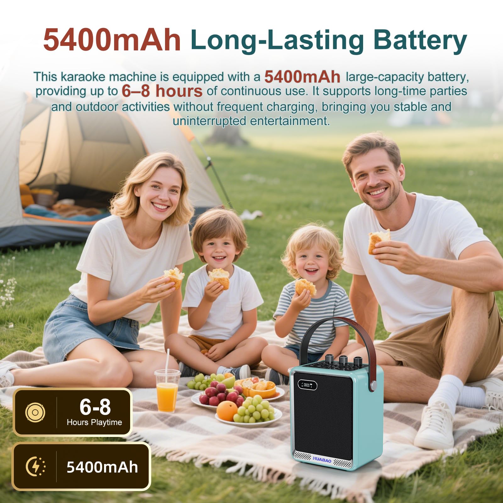 Karaoke-Anlage mit 2 drahtlosen Mikrofonen, tragbarer Bluetooth-Lautsprecher mit Mikrofon, kompakter Party-Lautsprecher mit LED-Beleuchtung, 30 W Leistung, 5400 mAh, für zu Hause und im Freien