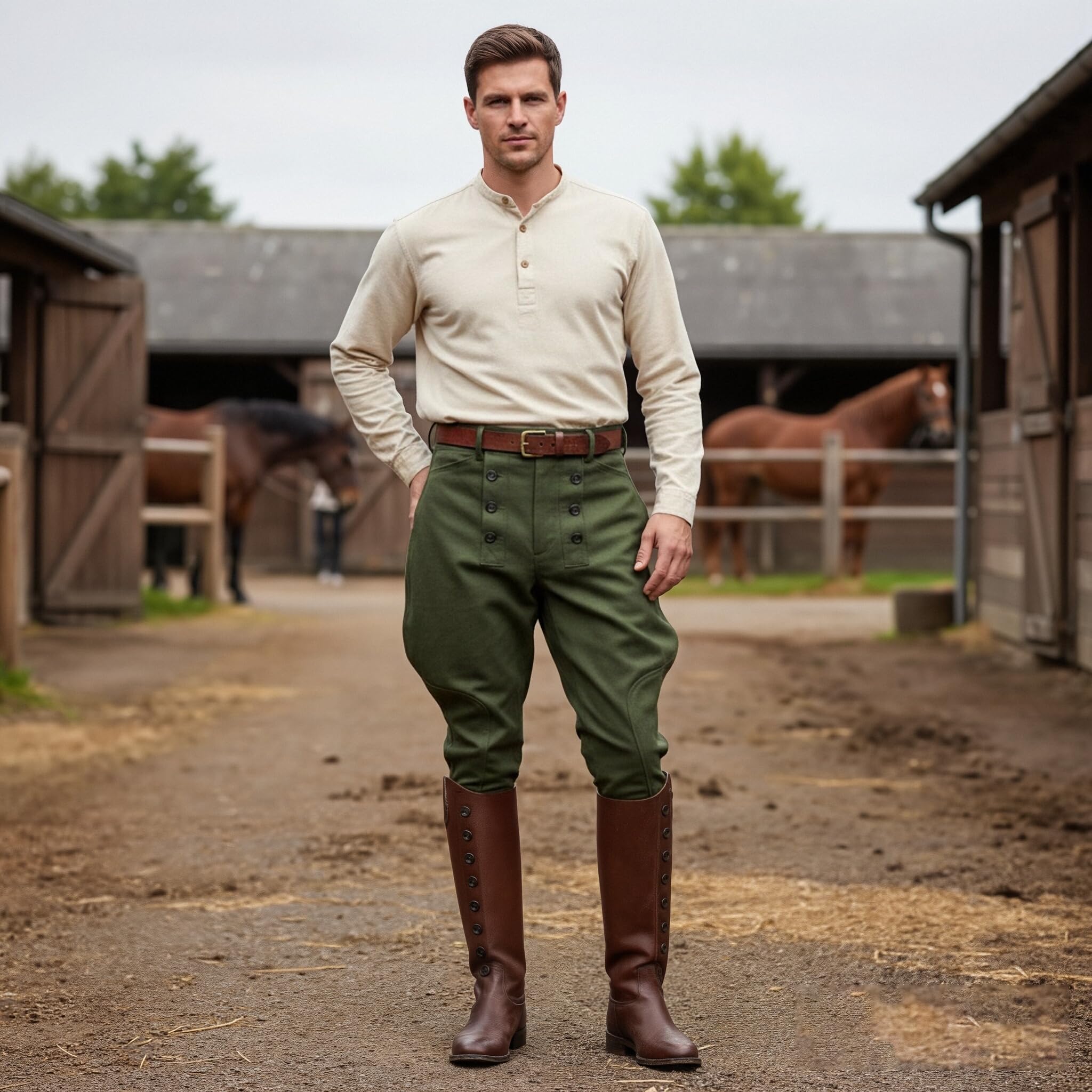Historic WWII-Style US Officer Cotton Breeches - Military Reproduction Khaki Reithose mit Knopf-Beinverschluss