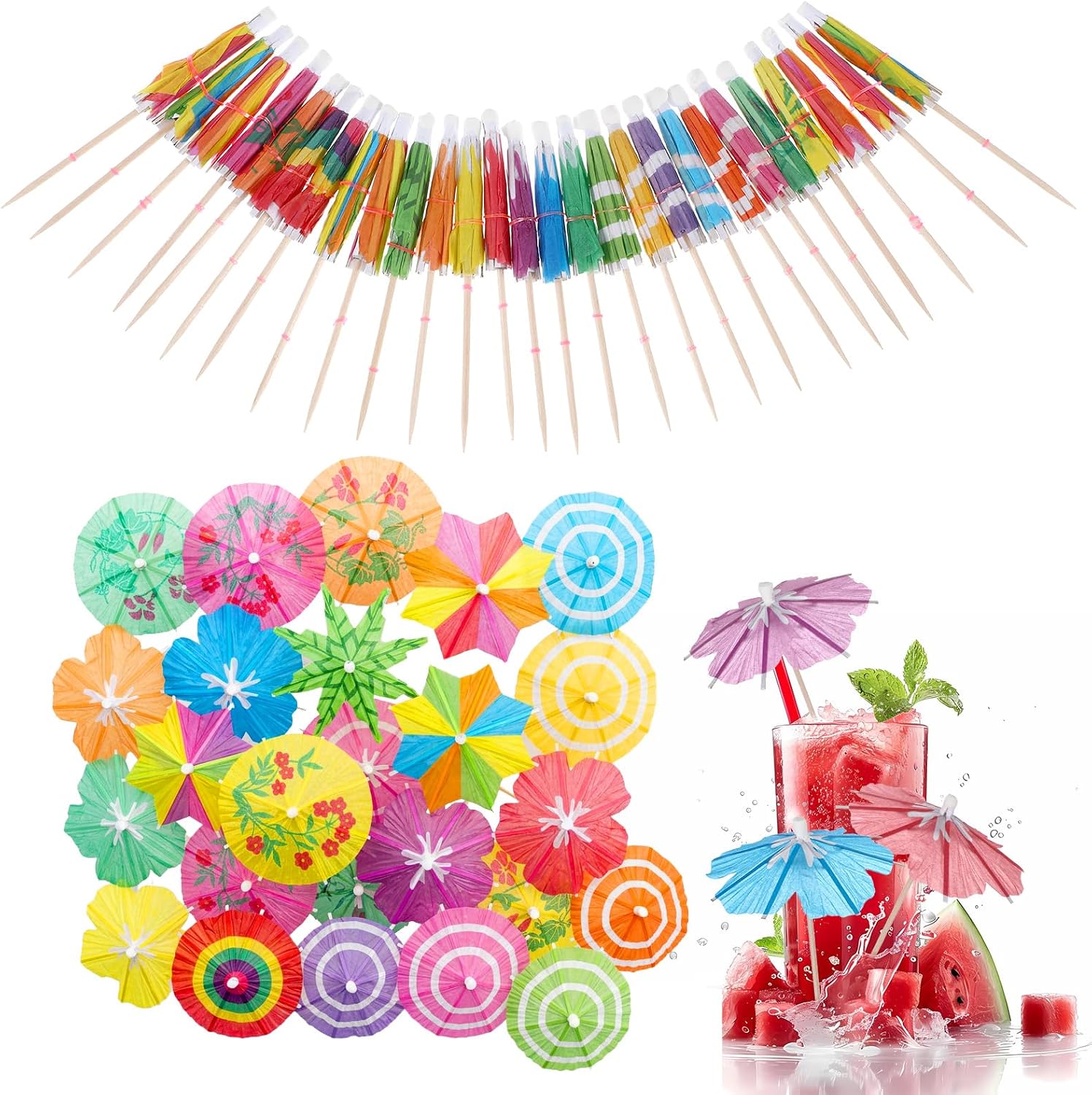 60Pcs Cocktail Umbrellas Colorful Cocktail Picks Fancy Toothpicks for Appetizers Decorative Bar Garnish Picks Bamboo Umbrella Food Sticks for Luau Parasols Hawaiian Fruit Party Decorations