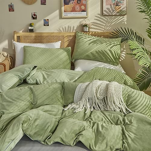 Miniatura 5 de Houseri Juego de edredón de terciopelo verde salvia tamaño Queen esponjoso color verde claro juego de ropa de cama tamaño matrimonial edredón de