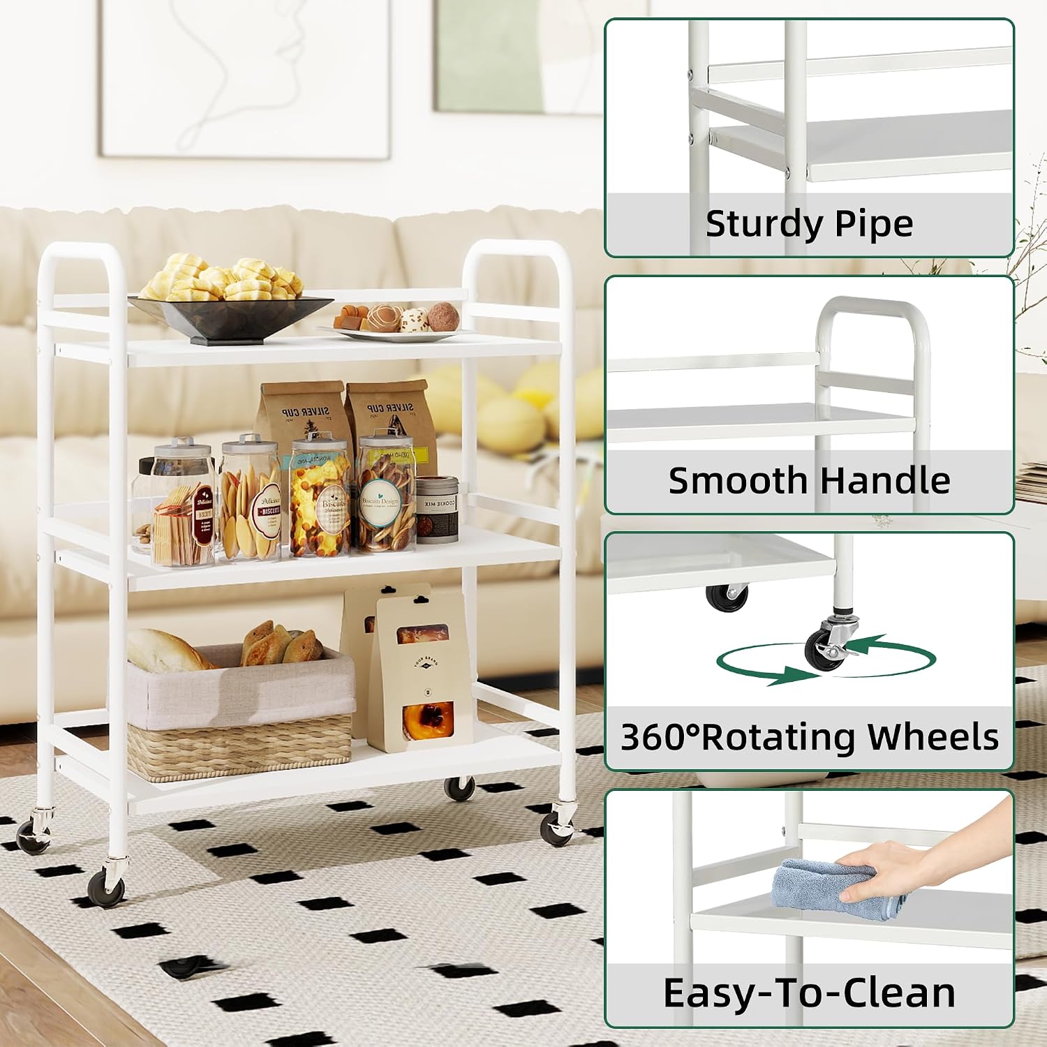 DCLRN 3 Tier Rolling Cart with Lockable Wheels Sturdy Construction,Solid Shelves,Recessed Screw Holes Ideal for Kitchen and Home Storage Size:23.6" Dx11.8 Wx29.5 H(White) image 4