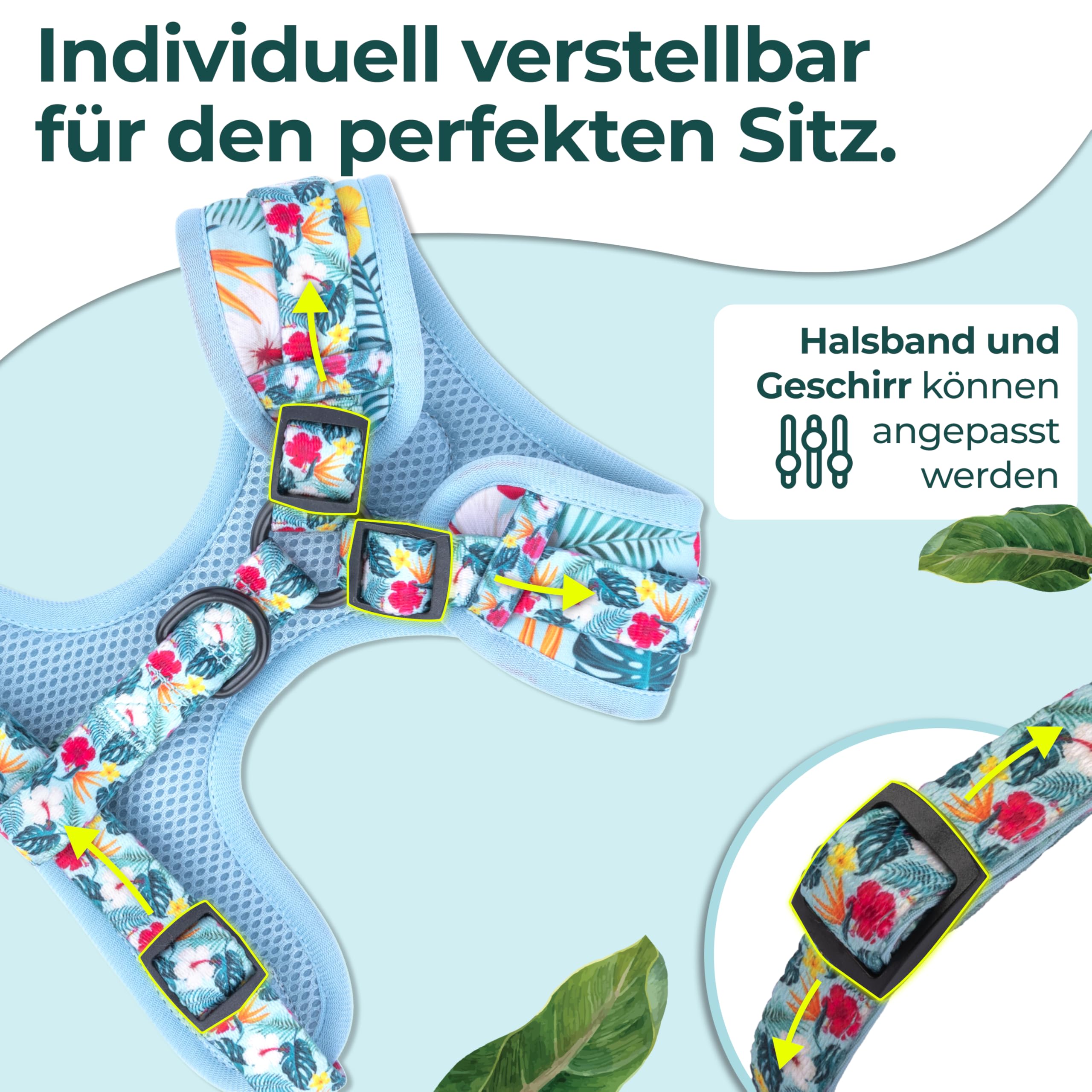 MAGGIE & COOPER Juego de correas para perros – Diseño Hawaii – 5 piezas: collar, arnés, correa, lazo, dispensador de bolsas de excrementos – 4 tamaños – Caja de regalo (L)