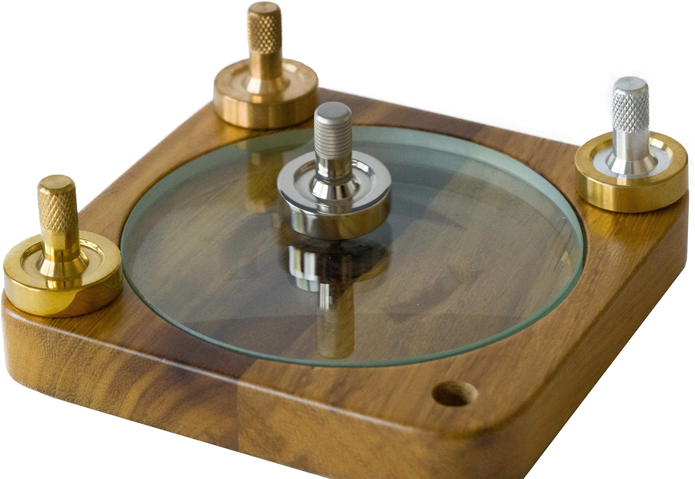 BCD Metal Spinning Tops and Spinning Top Base Set - Brass, Bronze, Aluminum, Stainless Steel Spinning Top, Teak Dock, Concave Glass Lens Top Spinning Base - Desk Toys for Adults - Unique Gift