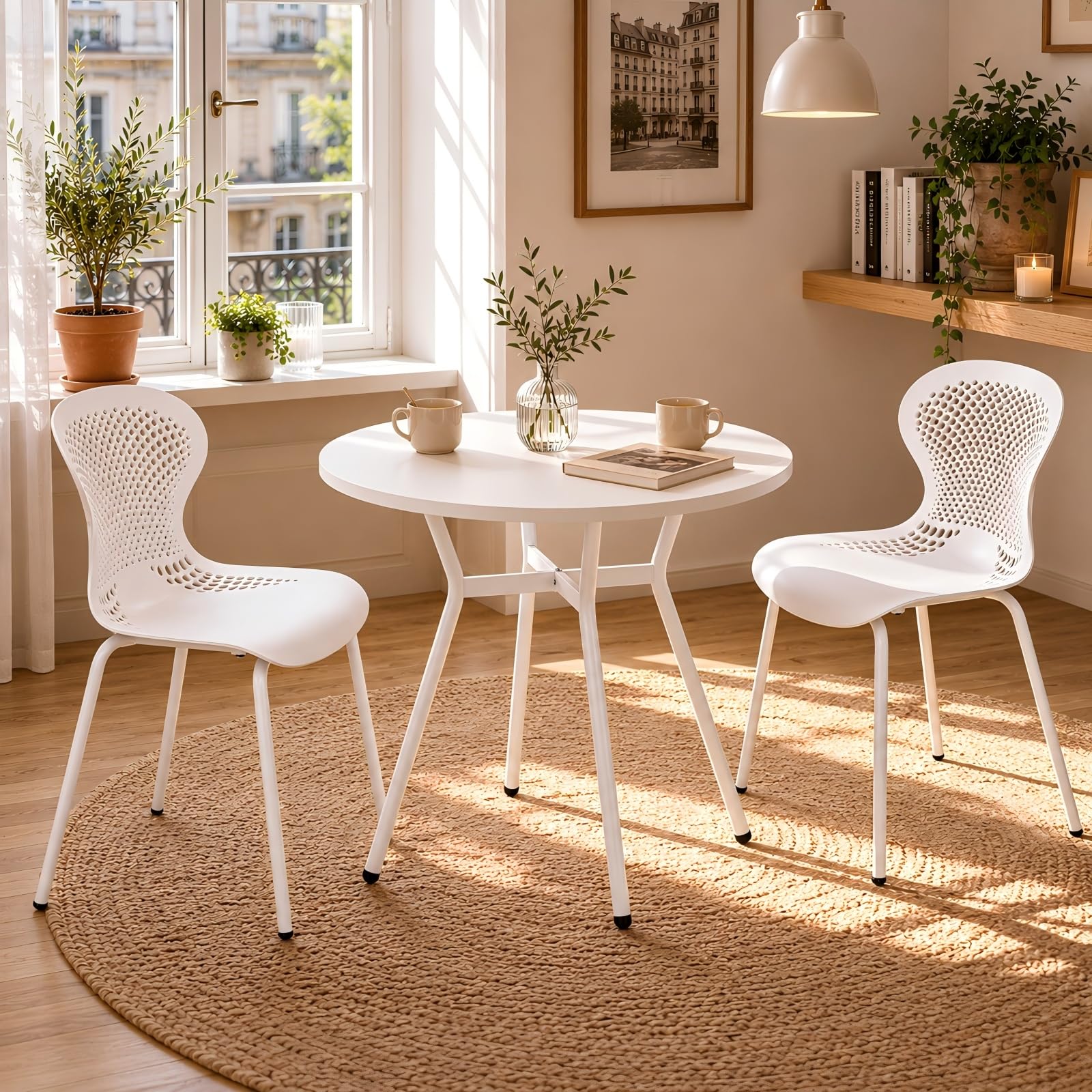 JIJIAN Mesa de Comedor Redonda 2-4 Personas 80 x 80 x 75 cm, Mesa de Cocina Compacta con Patas de Metal, Ahorra Espacio, Ideal para Cocina, Comedor, Balcón y Jardín, Blanco