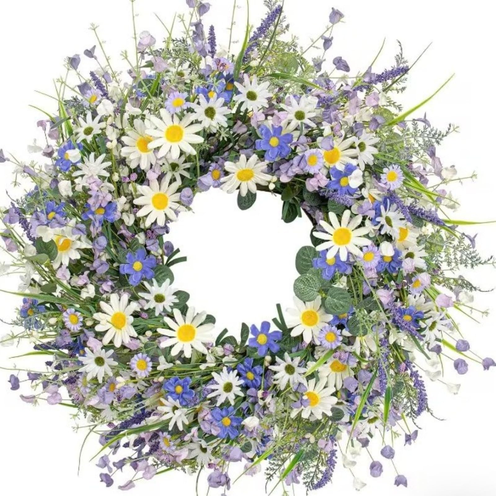 22 Inch Artificial Spring Wreath for Front Door, Daisy and Lavender Flower Wreath, Spring Summer Door Decor for Farmhouse, Porch, Wall, Home Seasonal Decoration