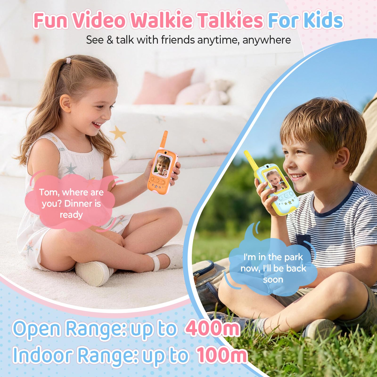 Walkie Talkie Bambini, Radioline Walkie Talkie con Videocamera HD e Cambia Voce, Gioco Interattivo, Regalo Ragazzi e Walkie Talkie per Bambine (Giallo + Arancione)