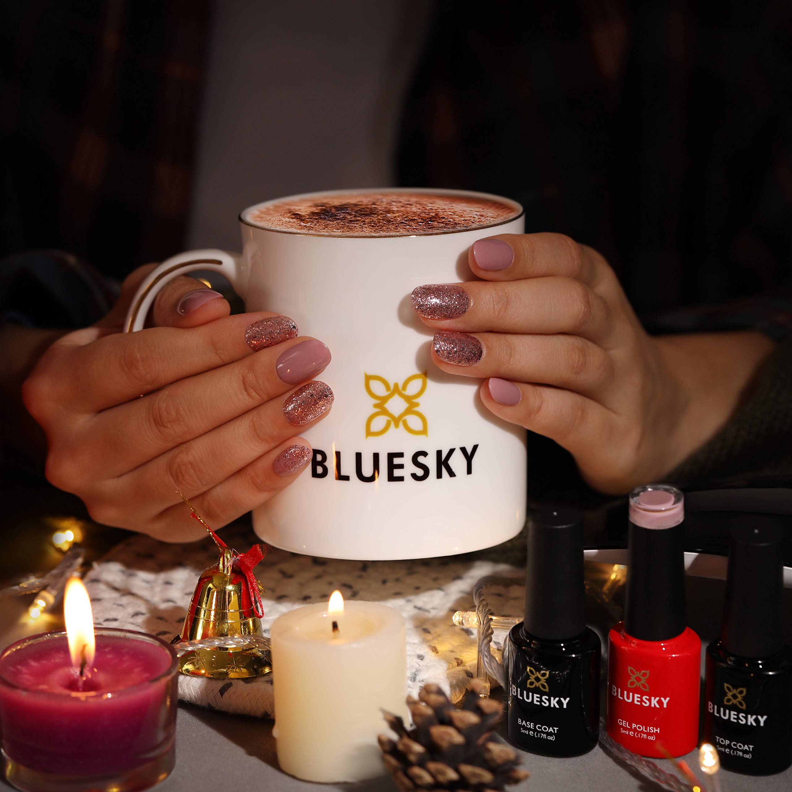 Bluesky Kit per unghie in gel con mini lampada a LED UV, A044, smalto gel rosa muschio, set base e top coat, lime per unghie, tampone, salviettine detergenti