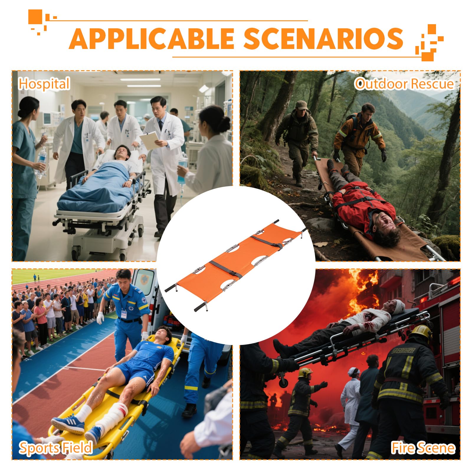 Krankentrage, Klappbare Rettungstuch, 210 * 54cm Rettungstrage mit Schnallen Aufbewahrungstasche für Bergrettung und Ferntransport(Orange Farbe)