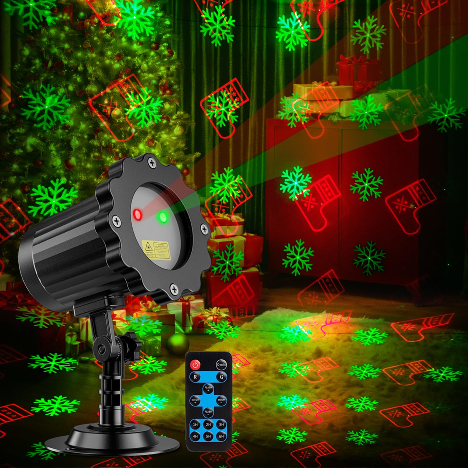 Proiettore di luce natalizia con telecomando, 10 modelli LED, rosso e verde, per decorazione natalizia per interni ed esterni, per cortile, casa e parete