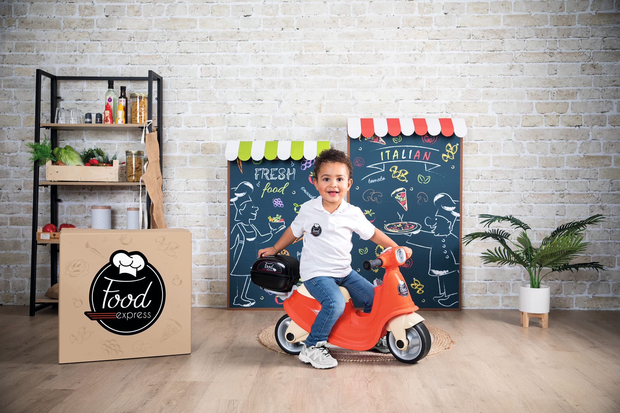 Smoby - Porteur Scooter Food Express - Rouge - Roues Silencieuses - Porte-Bagage - Mallette Amovible - Coffre à Jouets, Phare, Clé Mécanique - Dès 18 Mois