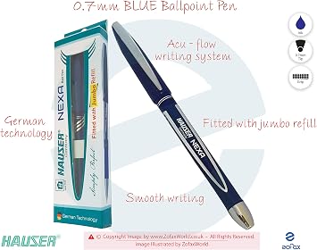 0.7mm HAUSER Nexa Ball Pen BLUE Ballpoint Pen Fitted Jumbo Refill Smooth Writing BLUE Body