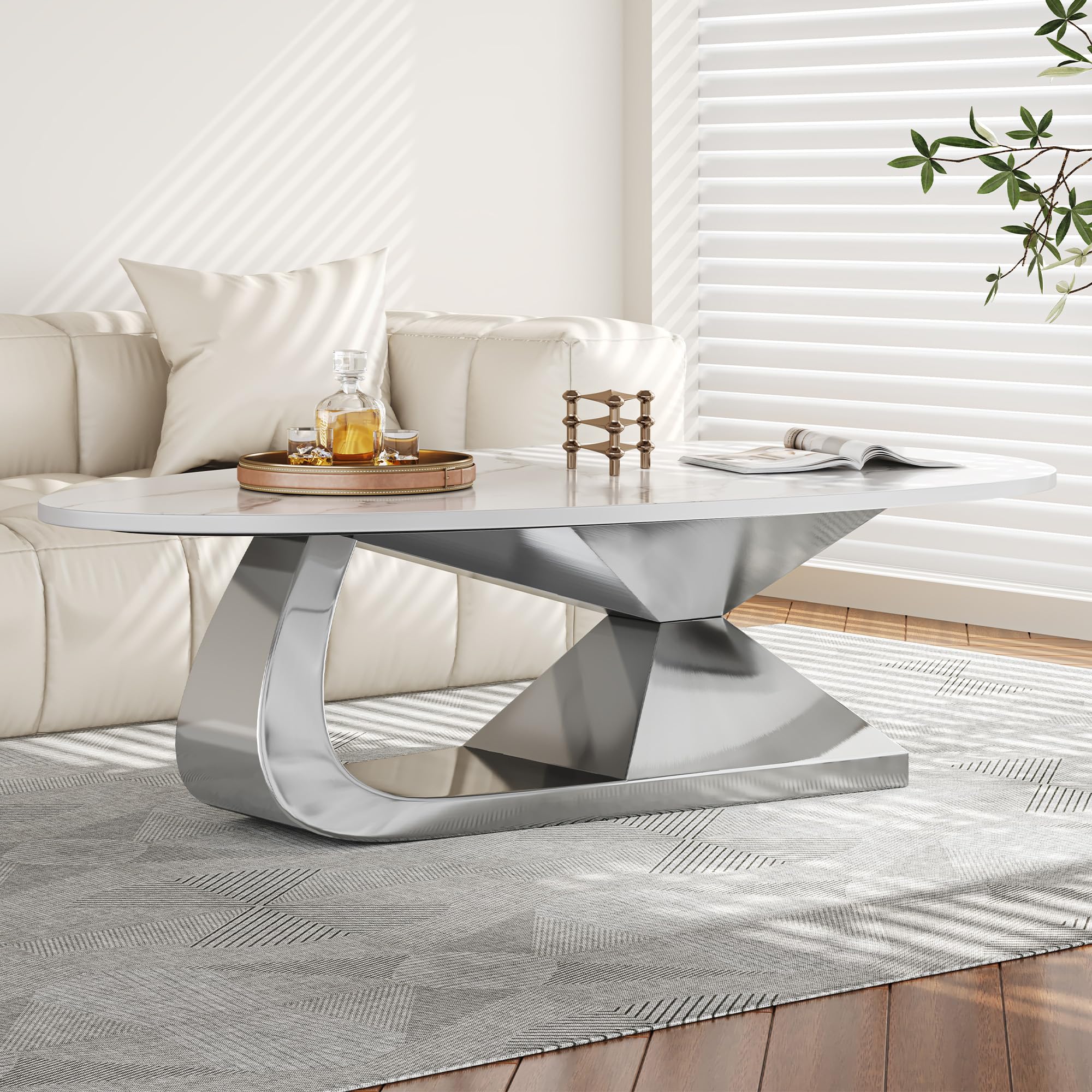 Mcltopz 51.2" Modern Oval Faux Marble Coffee Table, Sintered Stone Center Table with Silver Stainless Steel Base, Luxury Marble Pattern Cocktail Tea