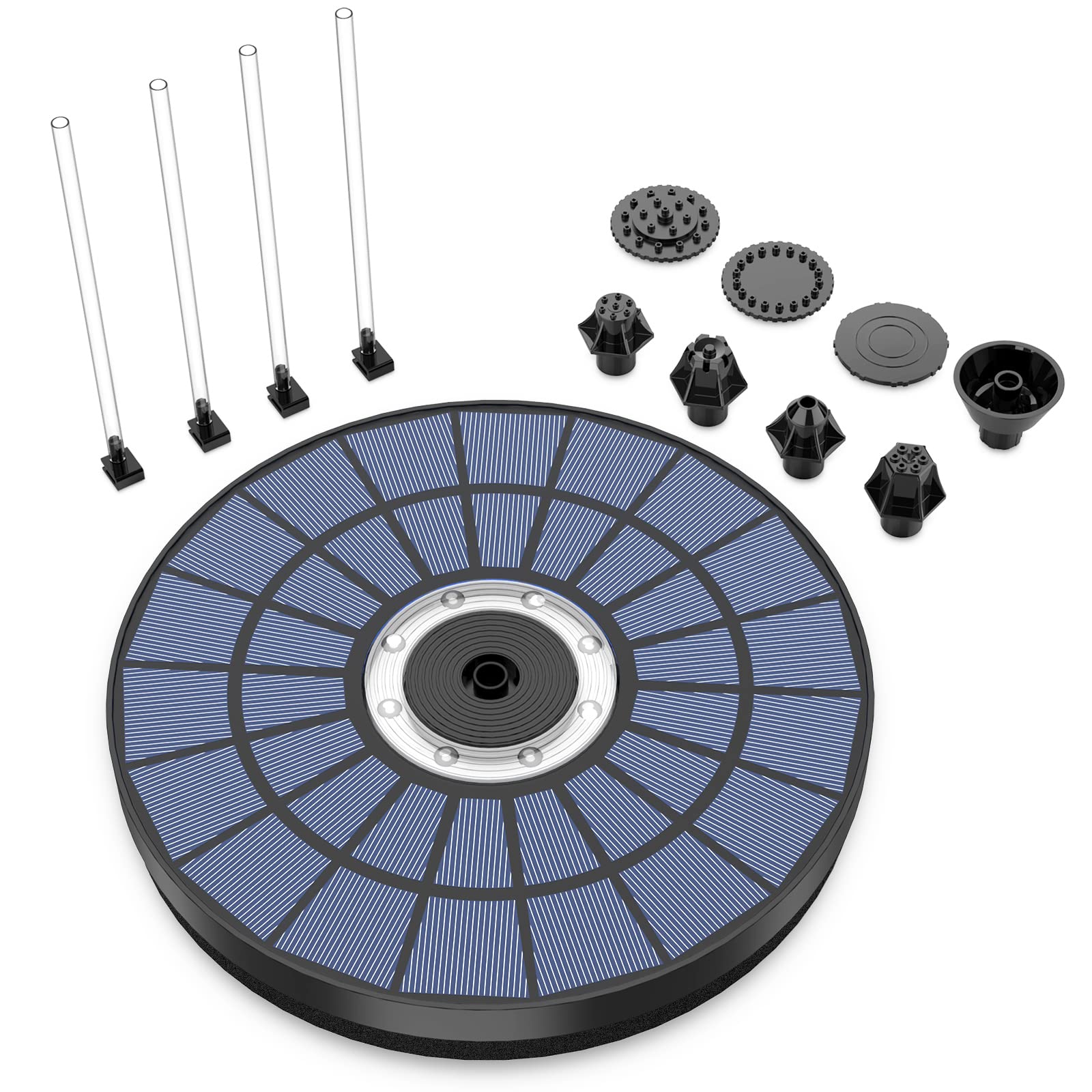 AMZtime Bunte LED 5,5W Outdoor Solar Springbrunnen für Außen, Solarpanel Durchmesser 21cm mit Akku, Outdoor Solarbrunnen für Draussen mit 7 Effekten Sprühmethoden, Solar Teichpumpe für Vogel Teich