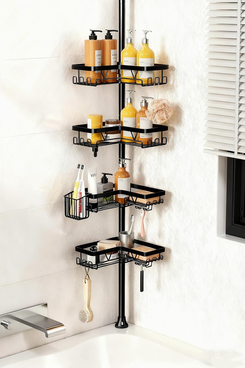 KEGII Corner Shower Caddy Tension Pole, Adjustable Bathroom Organizer Shelf with Toothbrush Holder, Floor to Ceiling Shower Organizer 25-114.2 Inch, Bathtub Storage Rack for Renters, Family