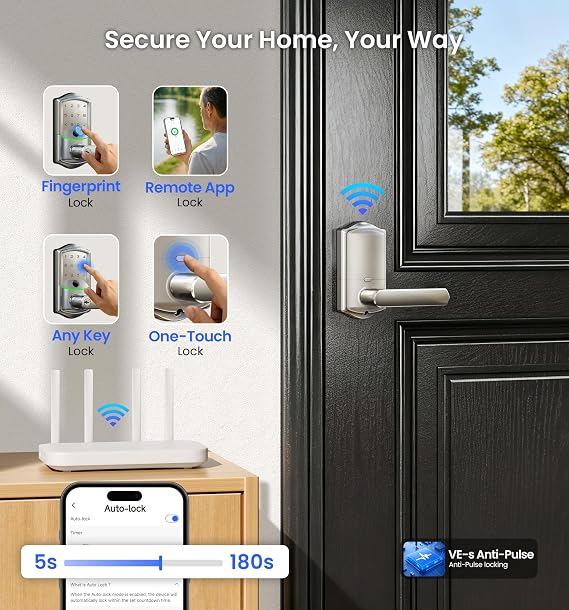 Veise VE029 Wi-Fi Smart Lever Lock with Digital Keypad, Satin Nickel