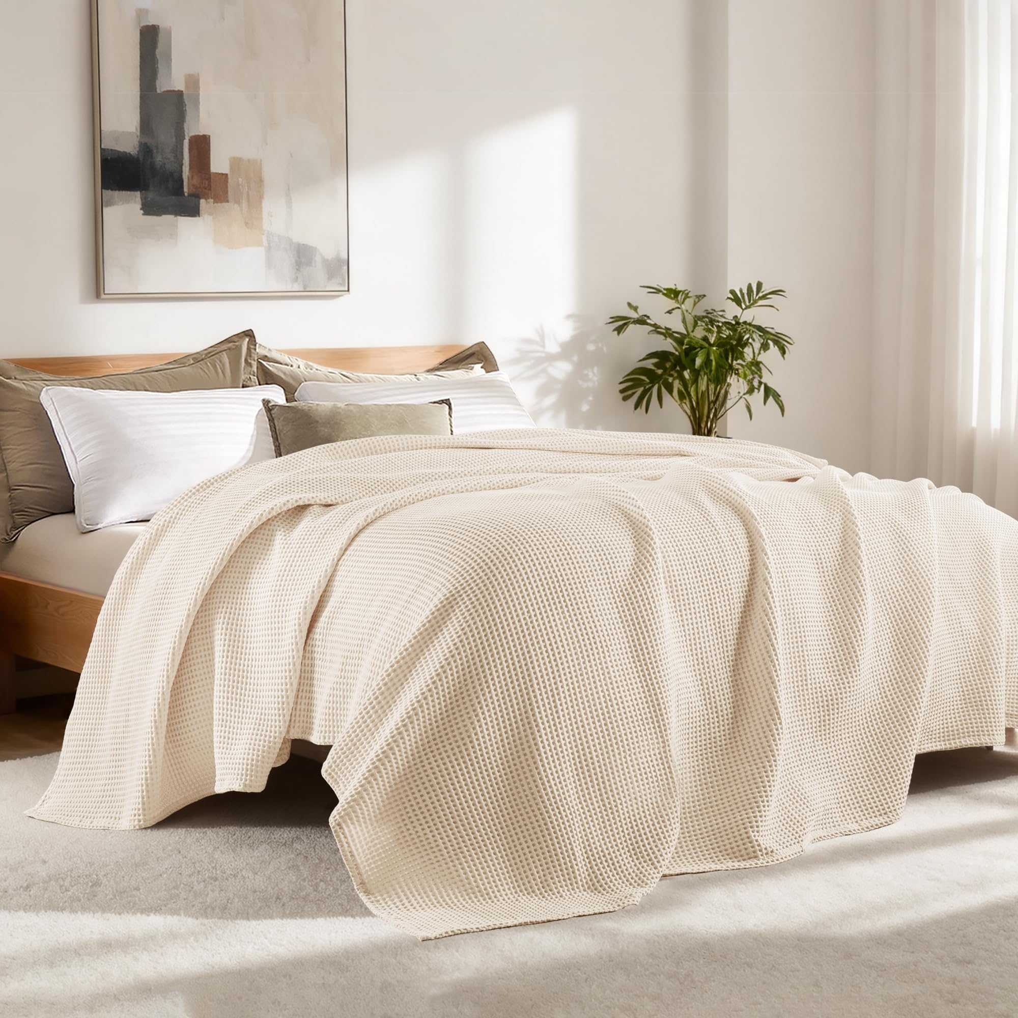 Exclusivo Mezcla 100% Baumwolle Decke Waffeldecke als Bettüberwurf, Weiches Leichtes und Atmungsaktives Baumwolldecke Tagesdecke für Sofa und Bett, Alle Jahreszeiten, 220x240 cm, Beige
