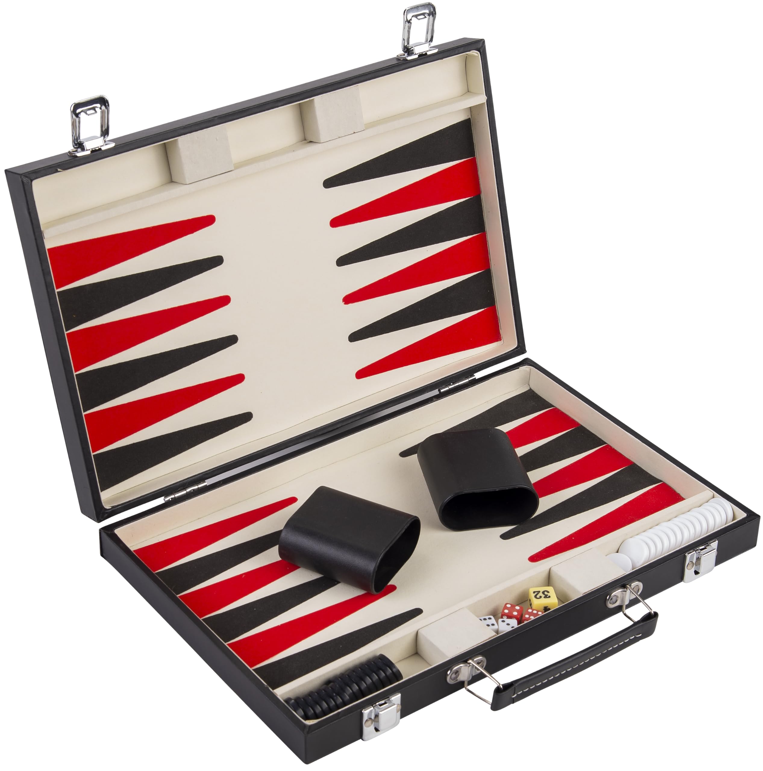Backgammon Set 36 cm Koffer Kunstleder Rot Schwarz Weiß 250505 | Strategiespiel 2 Spieler mit Filz Spielfeld, 5 Würfeln, 2 Bechern, Spielsteinen und Regeln ab 6 Jahren