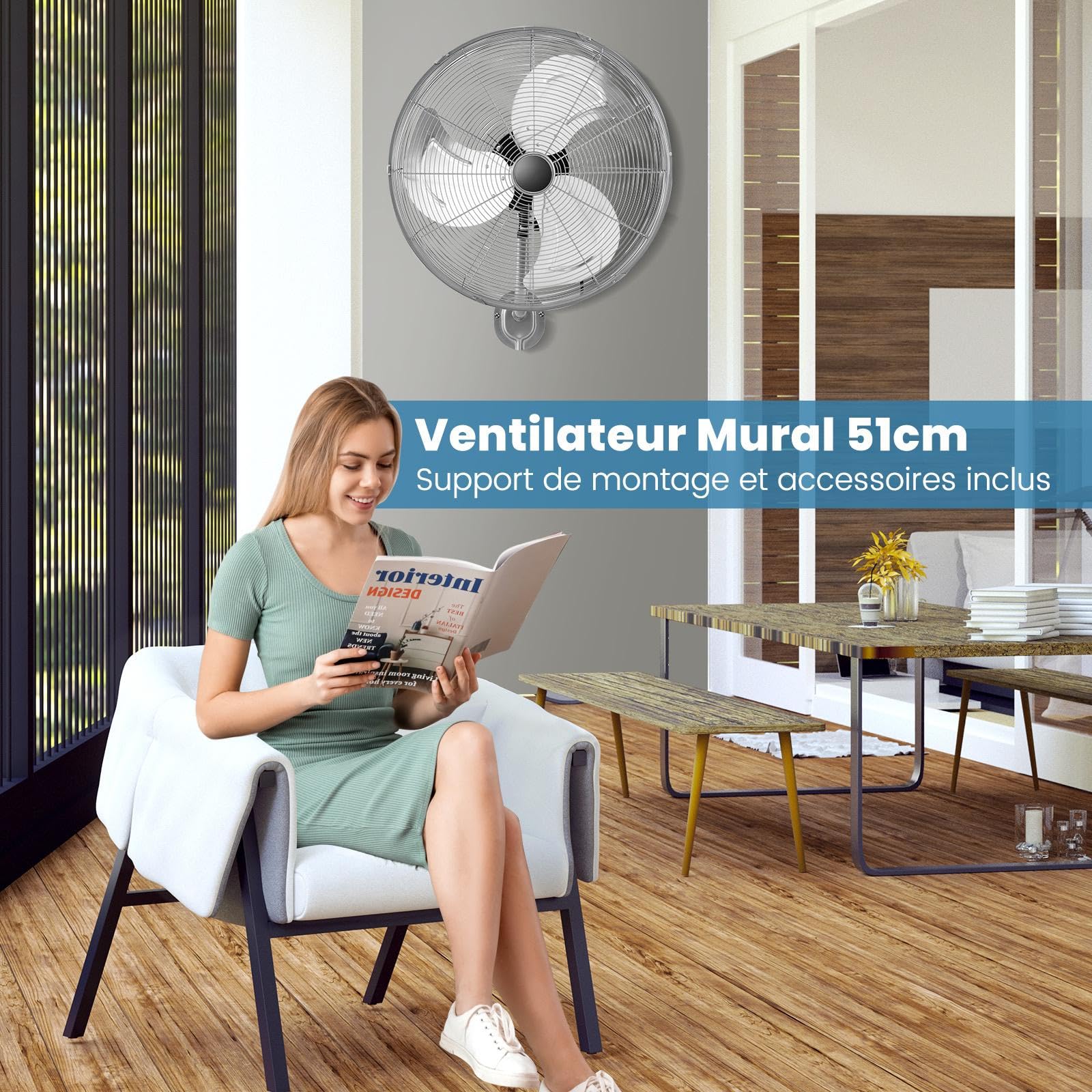 GOPLUS Ventilateur Mural φ56cm avec 3 Pales Aluminium, Ventilateur 3 Vitesses, Inclinaison 30° & Oscillation 85°, Grille Sécurité et Panneau Contrôle, pour Patio, Garage, Bureau (Argent)