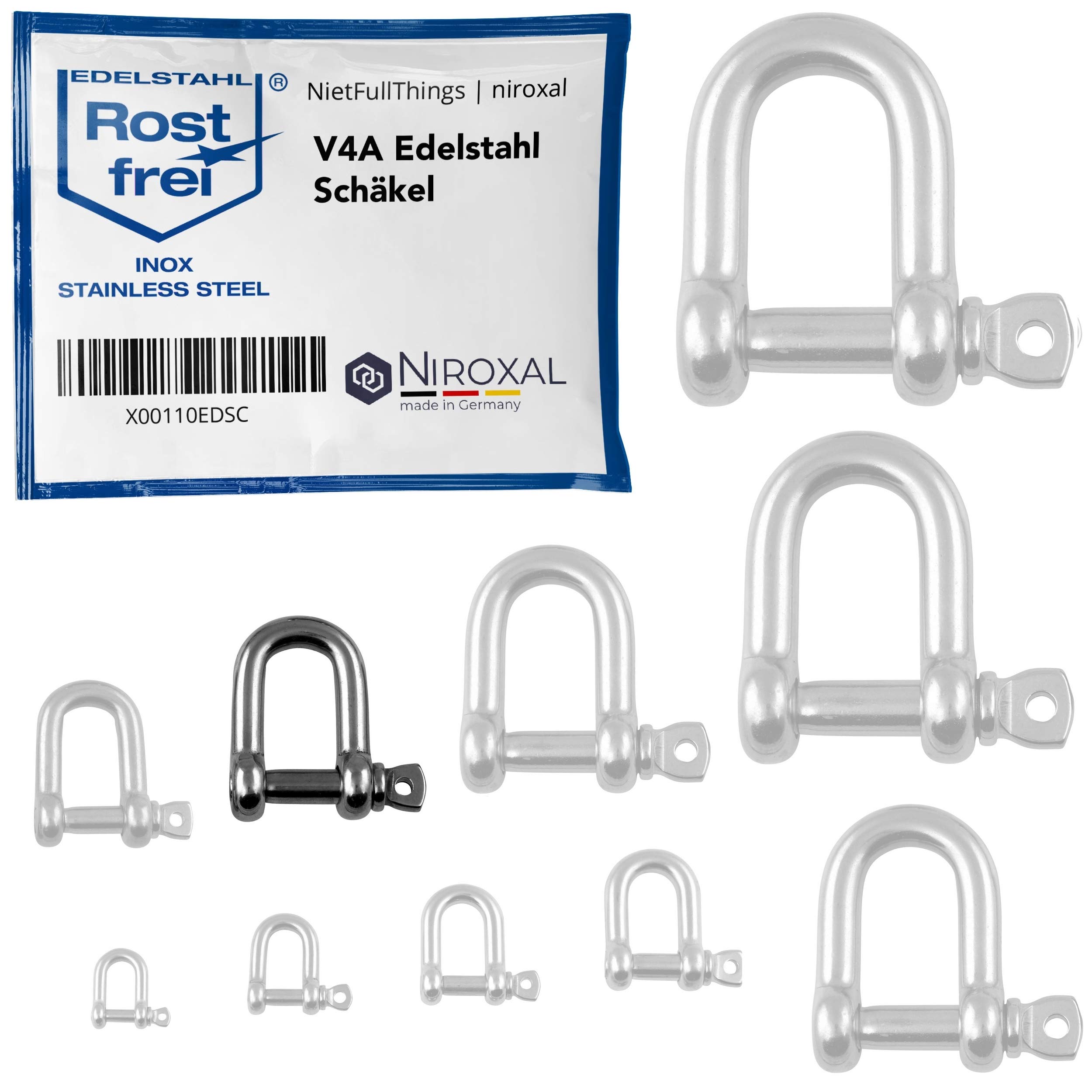 NietFullThings 20 pieces 10-mm Stainless steel shackles made of V4A short straight robust shape breaking load 4.500 kg Shackles 10x36-mm