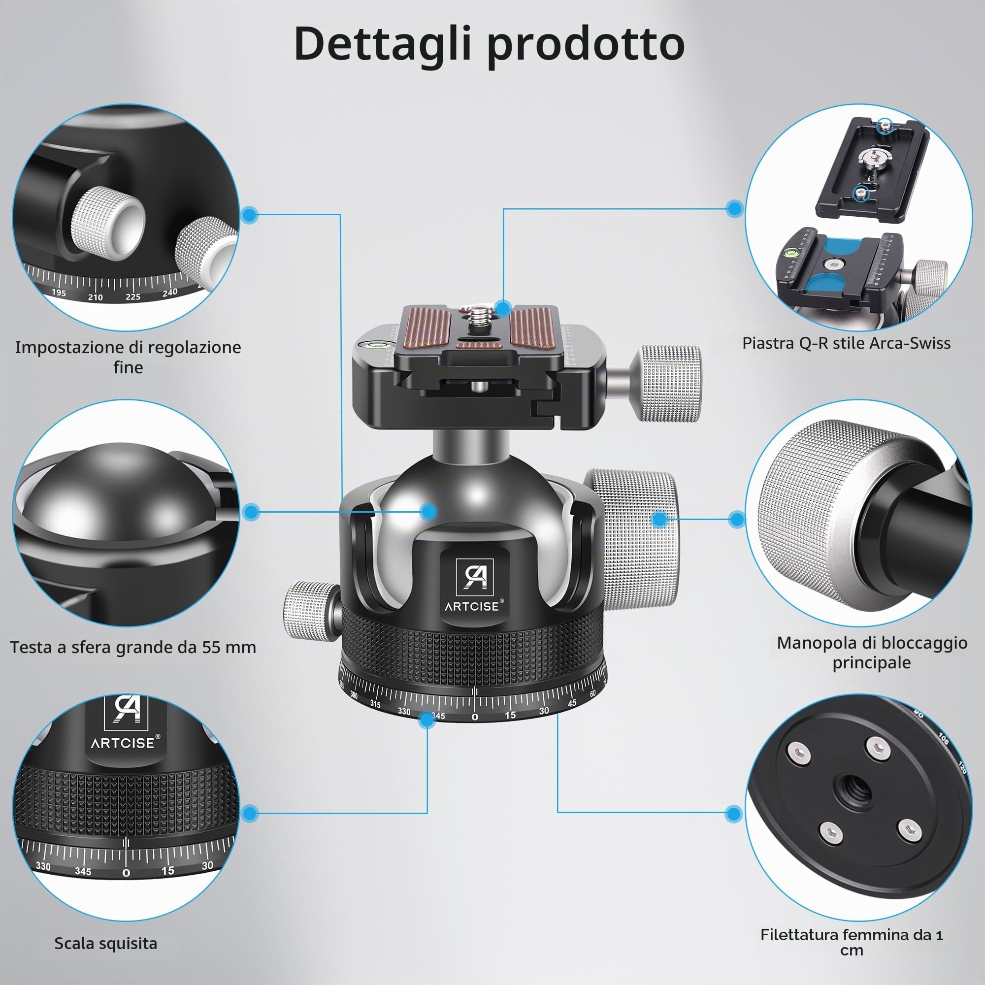 Testa a sfera a basso profilo da 55 mm, testa per treppiede per impieghi gravosi ARTCISE KB55 interamente in metallo con 3 piastre a sgancio rapido da 1/4" per treppiede, DSLR, carico massimo 40 kg