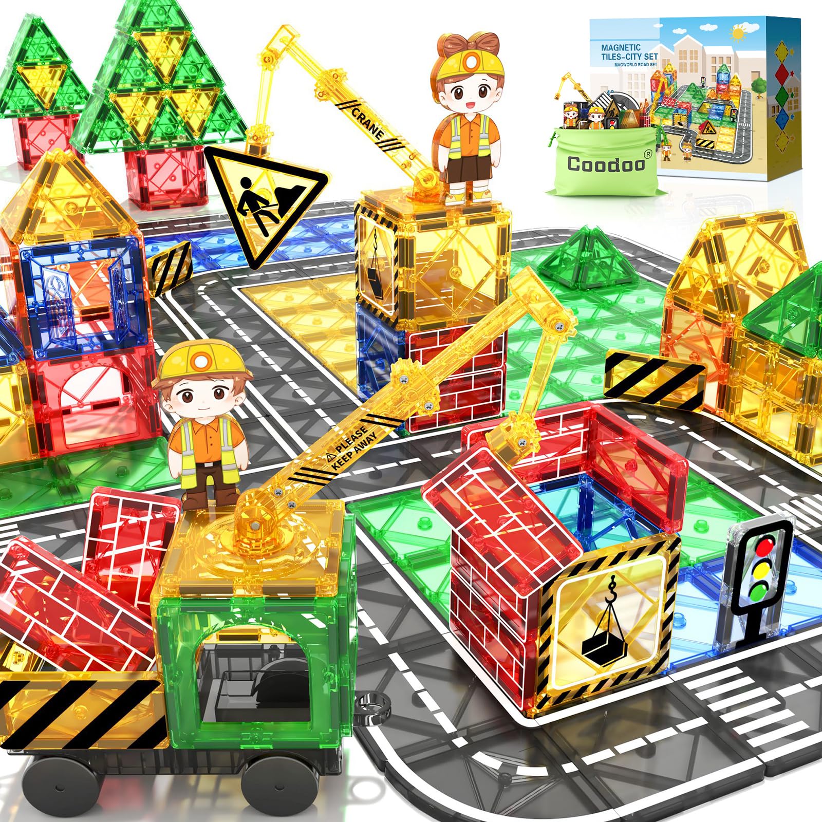 Set di Piastrelle Magnetiche con Gru Estensibile per Bambini STEM età Prescolare 4-6 5-7, Giocattoli per Costruzione di Città, Regali dai 3 Anni in Su