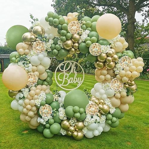 Miniatura 6 de Kit de arco de guirnalda de globos verde salvia, verde oliva, arena, blanco, dorado metálico, blanco mate, globos de confeti para baby shower,