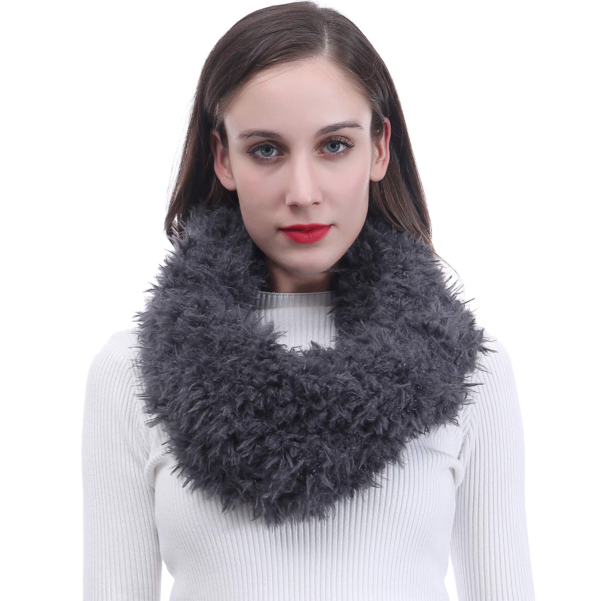 Lina & Lily Women's Dark Grey Infinity Tube Winter Scarf Snood Faux Fur Fluffy (Dark Grey)