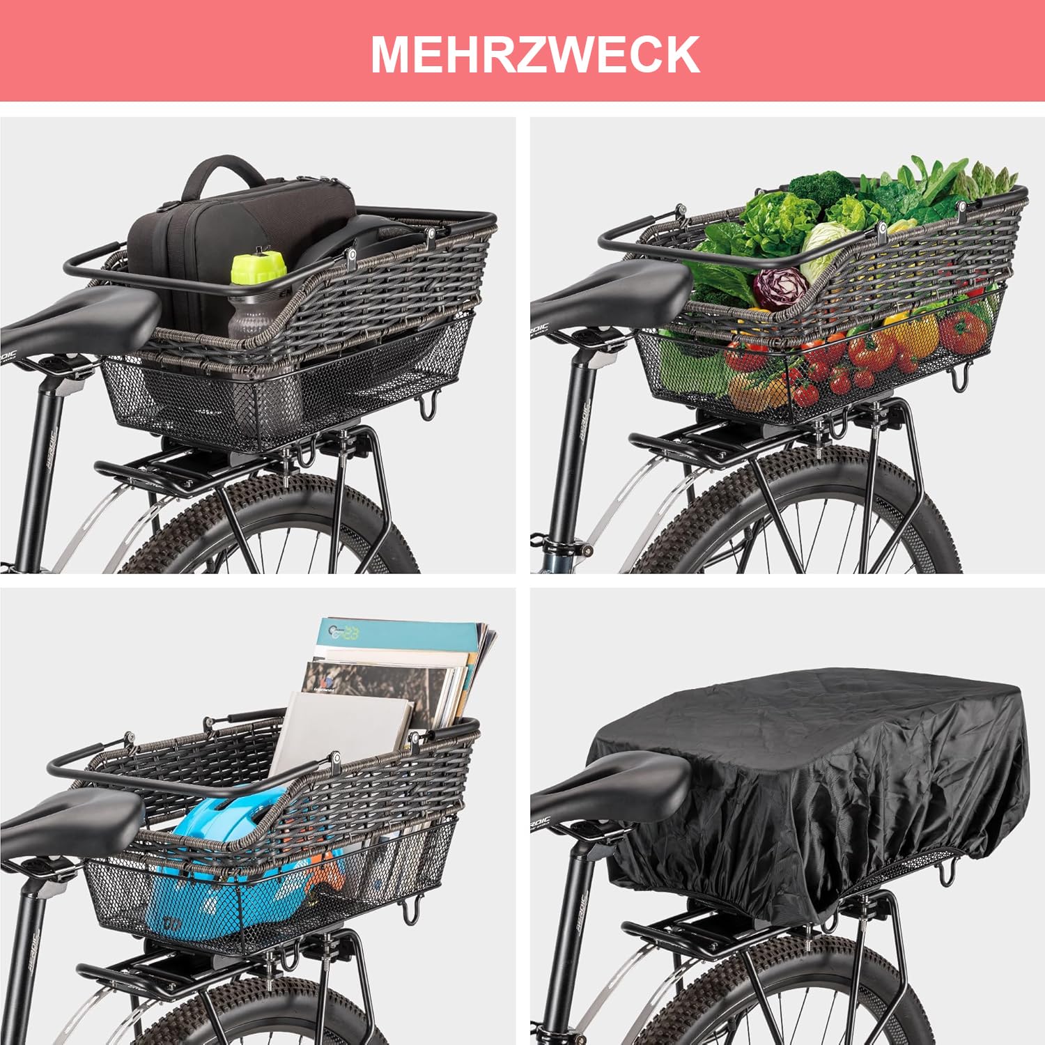 CXWXC Hinterer Fahrradkorb mit Griff – Schnell Abnehmbarer Fahrrad Heckkorb mit Gepäcknetz und wasserdichter Abdeckung, großer Drahtkorb für das Fahrradheck