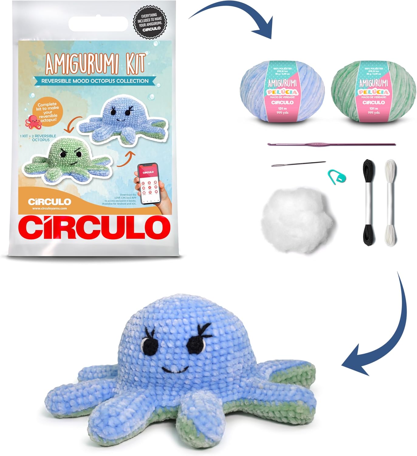CIRCULO Amigurumi Crochet Octopus, Crochet Kit - Reversible Mood Octopus Set - All Included, Easy Instructions - Level Easy, Premium Amigurumi Crochet Kits, Pelucia Yarn - Blue & Green