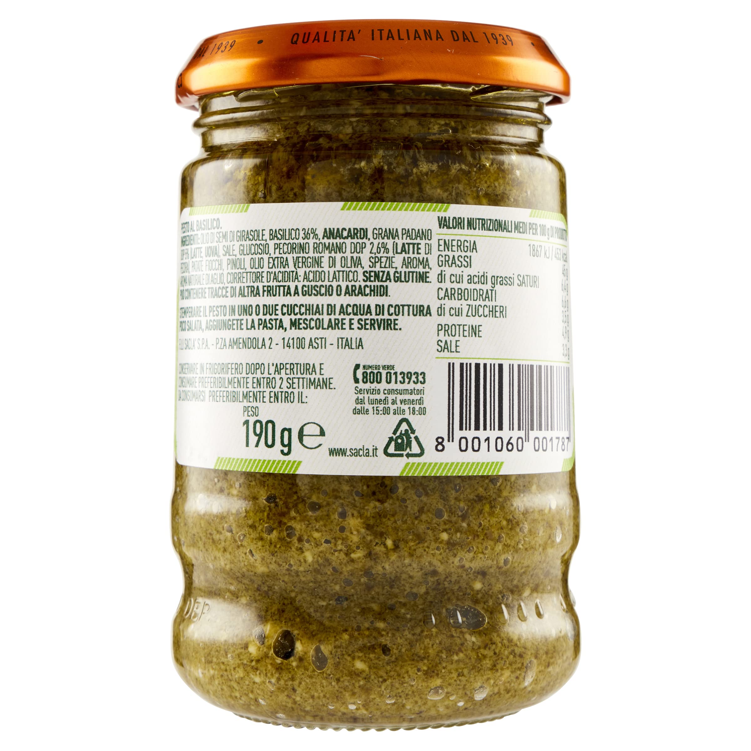 Saclà, Pesto alla Genovese, Condimento per Pasta e per Arricchire i Tuoi Piatti, con Basilico Fresco Italiano, Vaso Vetro, 190g, Confezione da 12 pezzi