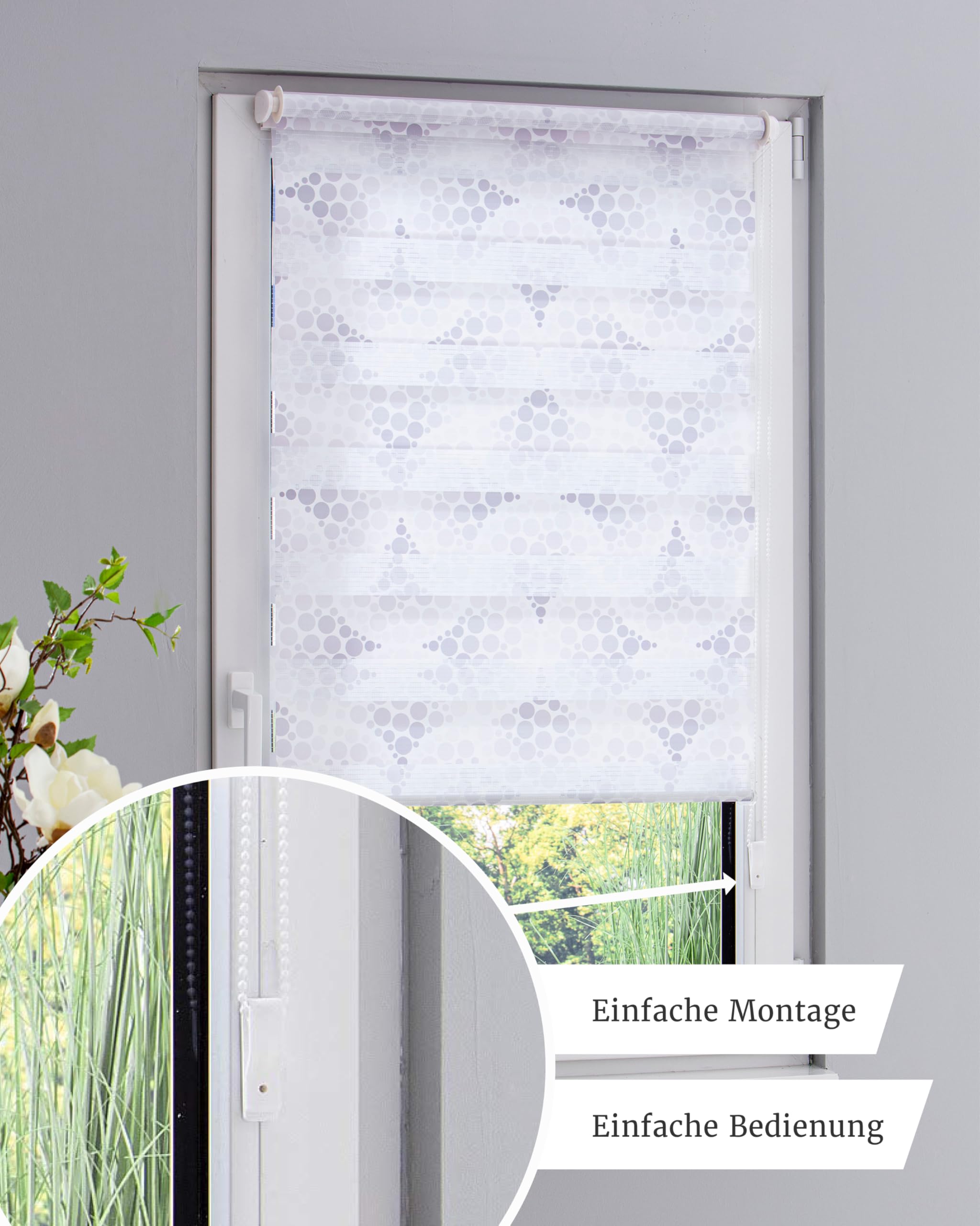 by Garesa Duo Rollo - Doppelrollo Klemmfix ohne Bohren 80 x 210 cm - Weißer Stoff mit grauen Kreisen, Fenster Sichtschutz und Lichtschutz, Mit Kettenzug